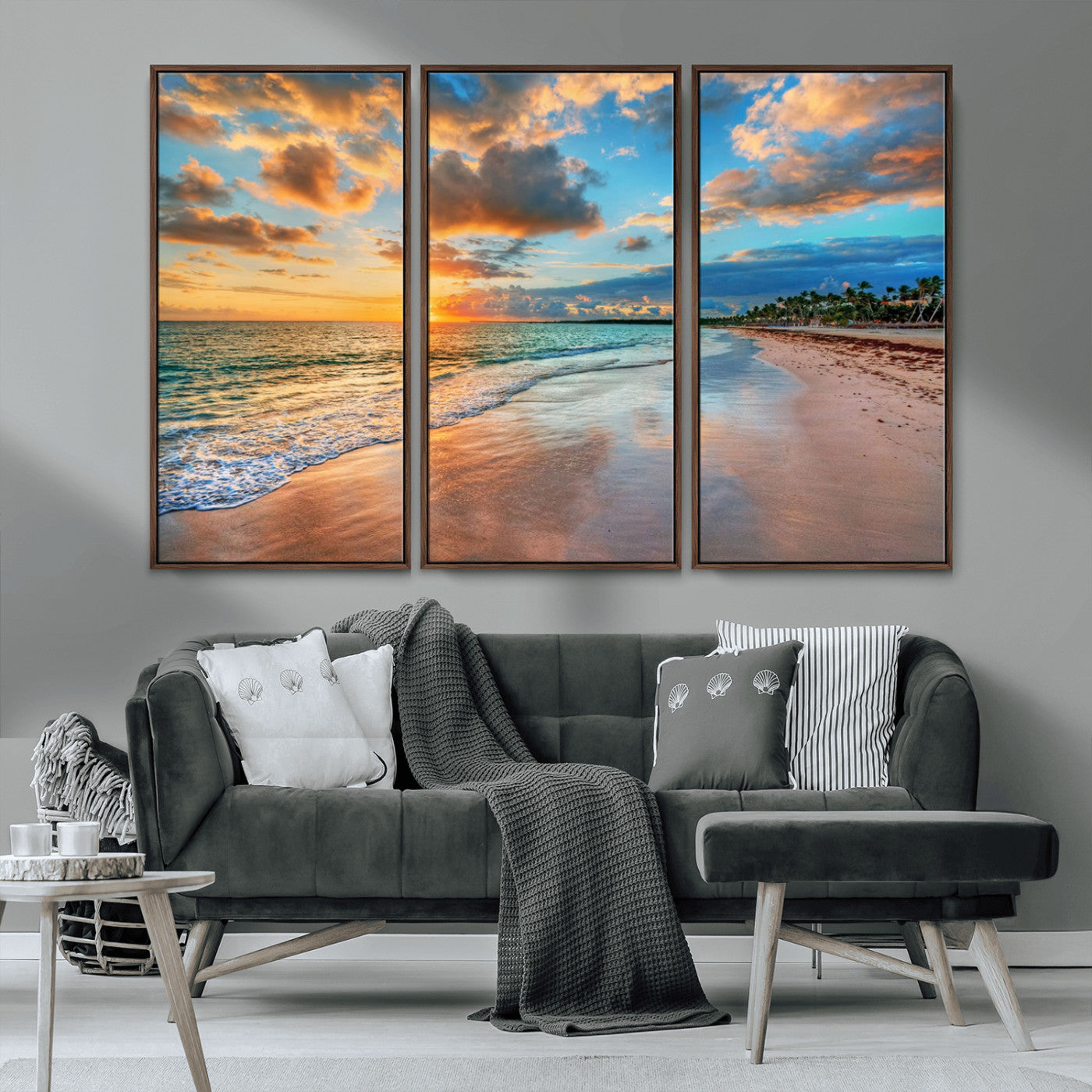 41572-MGV-CV-36X24-Sunset Beach Wall Art – Ocean Waves and Palm Trees Canvas Print, Tropical Coastal Sunset Seascape Decor for Living Room, Bedroom