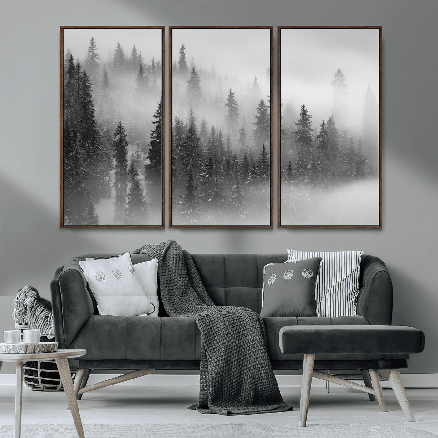 57235-MGV-CV-36X24-Misty Pine Forest Wall Art – Black and White Mountain Landscape Canvas Print, Nature Woodland Decor for Living Room, Bedroom or