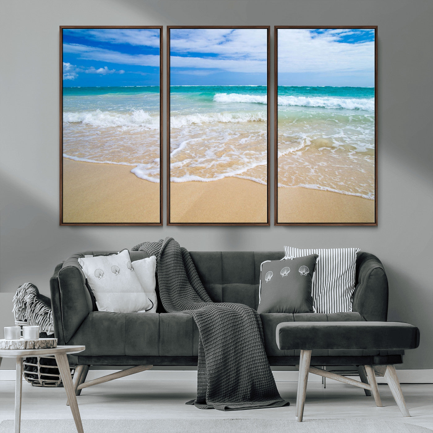 20660-MGV-CV-36X24-Ocean Wave Beach Wall Art – Serene Blue Sea and Sandy Shore Canvas Print, Coastal Landscape Photography Decor for Living Room or