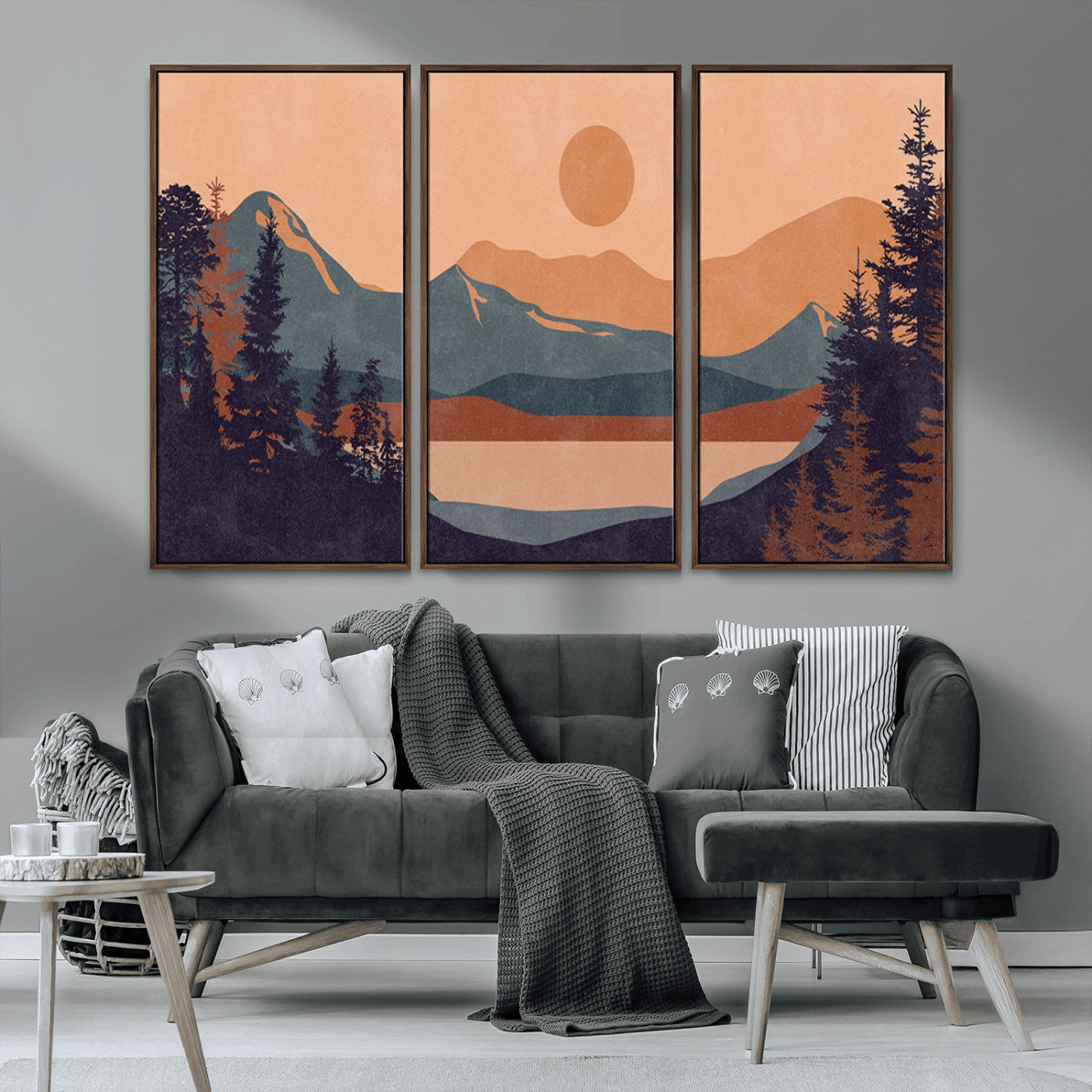 62795-MGV-CV-36X24-Minimalist Mountain Landscape Wall Art – Abstract Sunset Over Peaks and Pine Trees Canvas Print, Modern Nature Decor for Living