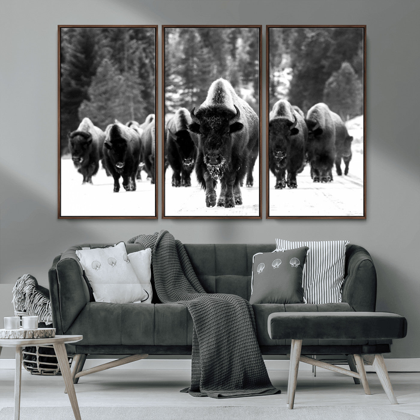 62434-MGV-CV-36X24-Bison Herd Wall Art – Majestic Black and White Buffalo Canvas Print, Wildlife Nature Photography Decor for Living Room, Office or