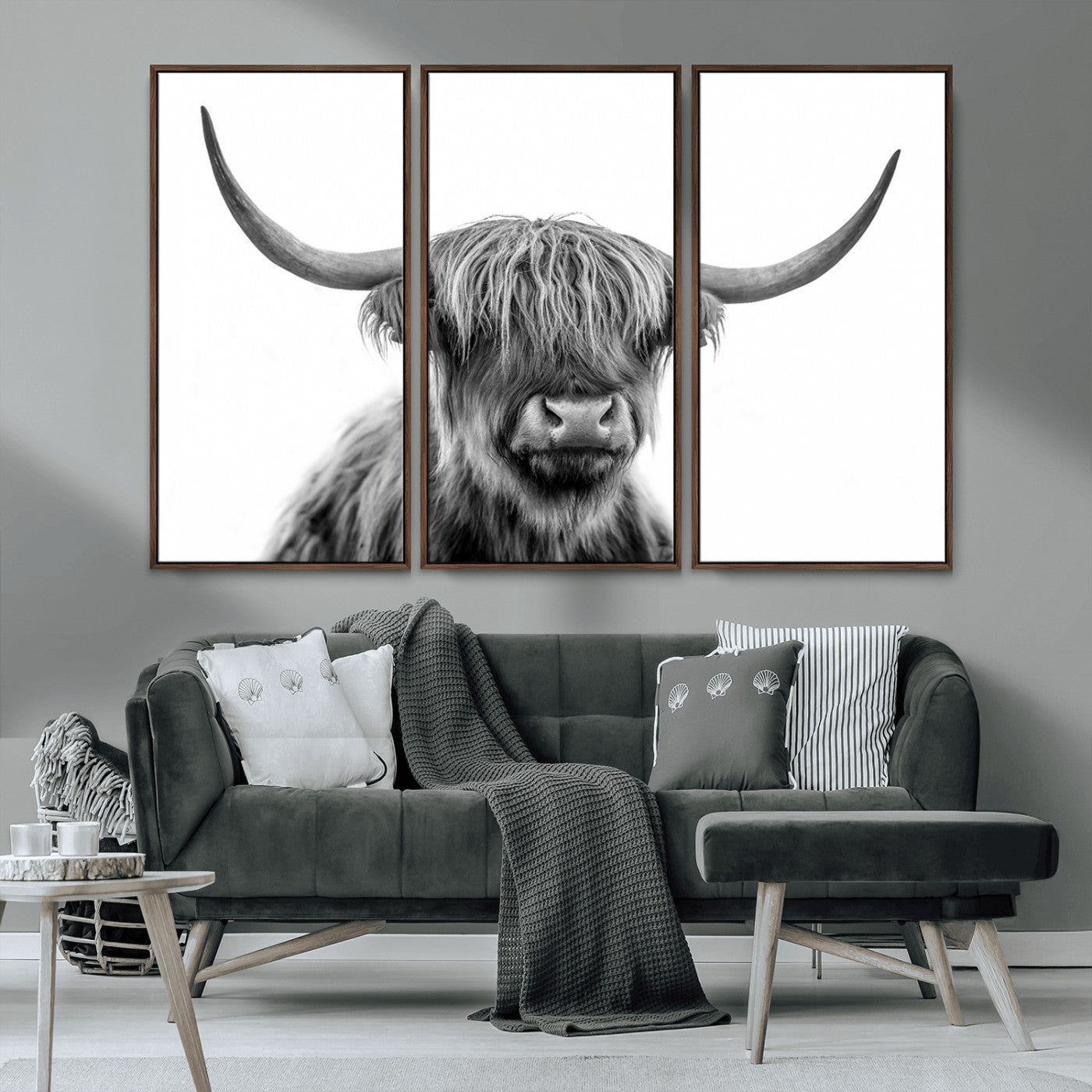 10123-MGV-CV-36X24-Black and White Highland Cow Wall Art – Modern Farmhouse Animal Print, Rustic Scottish Bull Canvas Decor for Living Room, Bedroom,