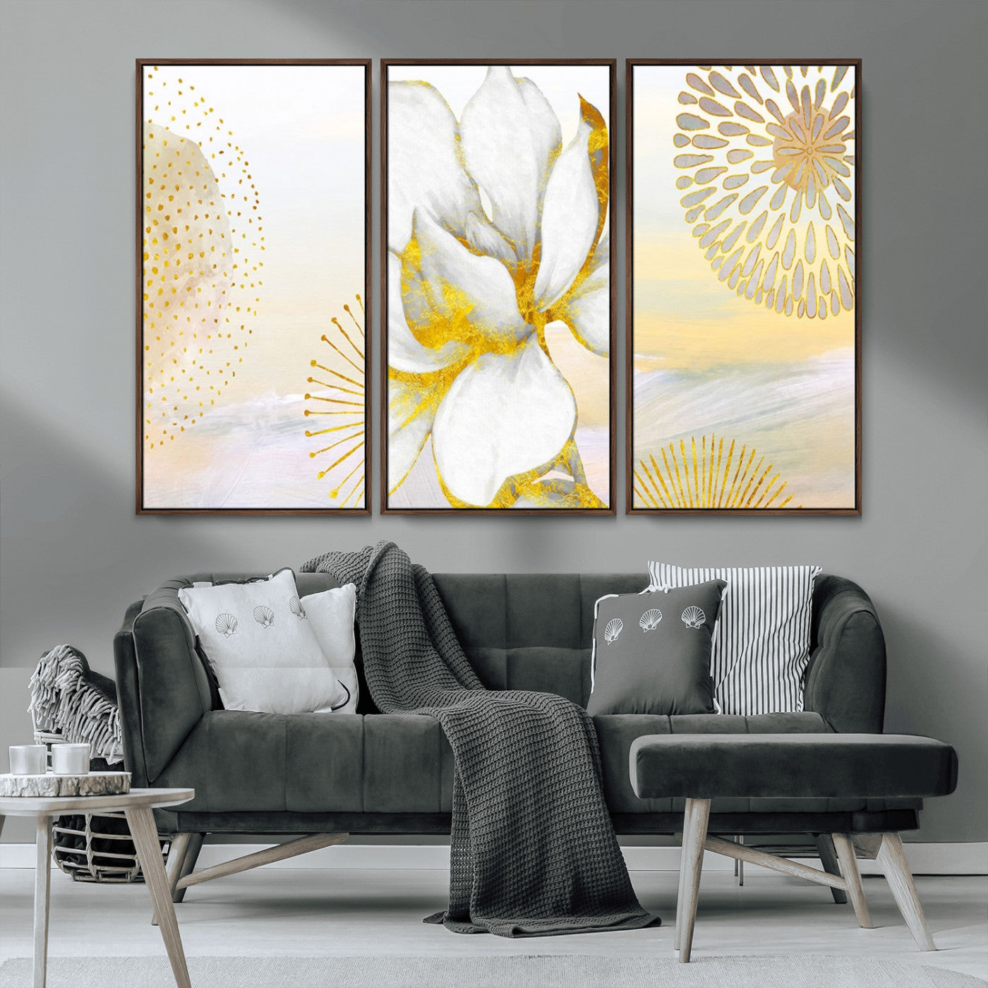 82301-MGV-CV-36X24-Modern Floral Wall Art – White Flower with Gold Detailing Canvas Print, Elegant Abstract Artwork for Living Room, Bedroom, or