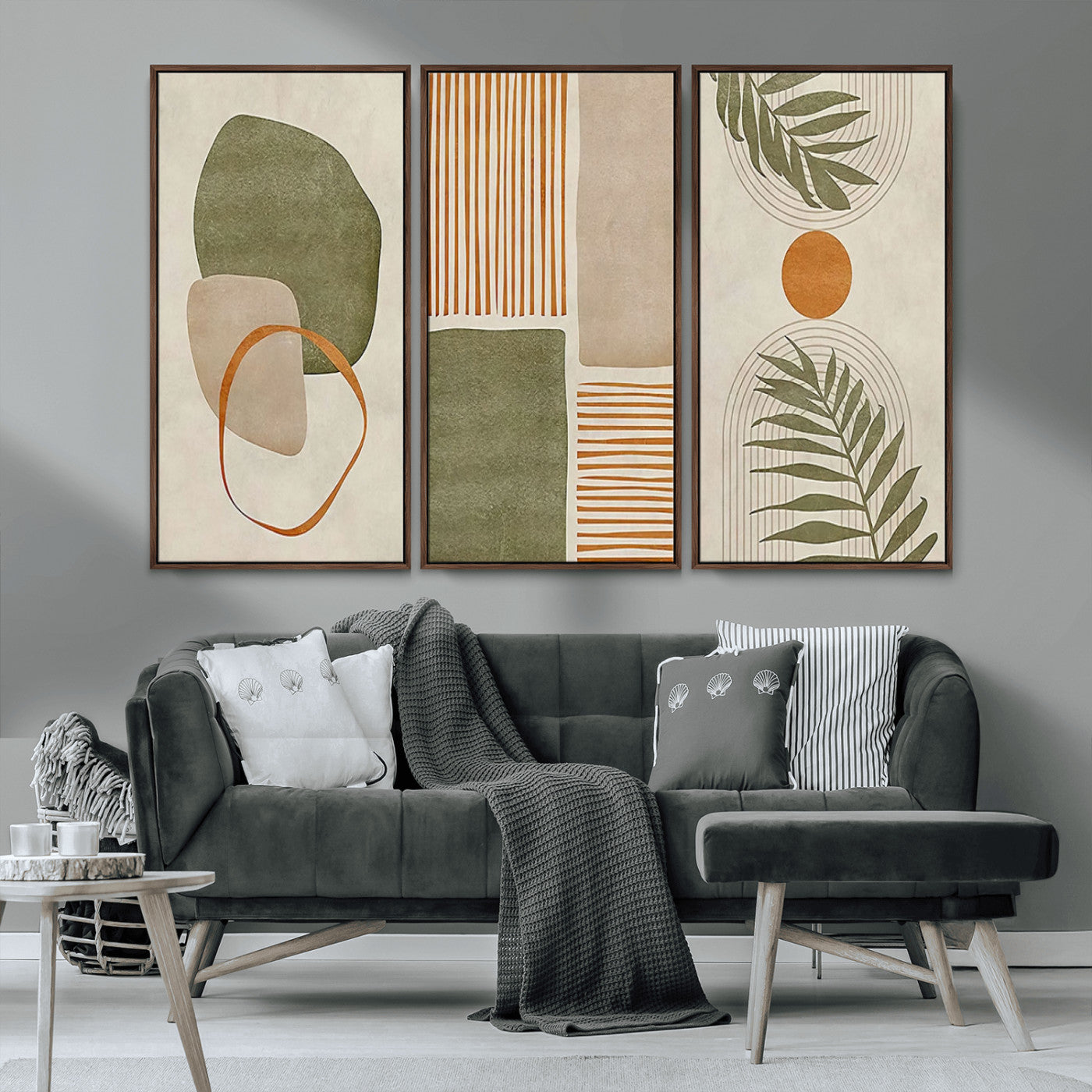 96002-MGV-CV-36X24-Abstract Geometric Wall Art – Modern Canvas Print with Green, Orange & Beige Shapes, Minimalist Home Decor for Living Room, Office