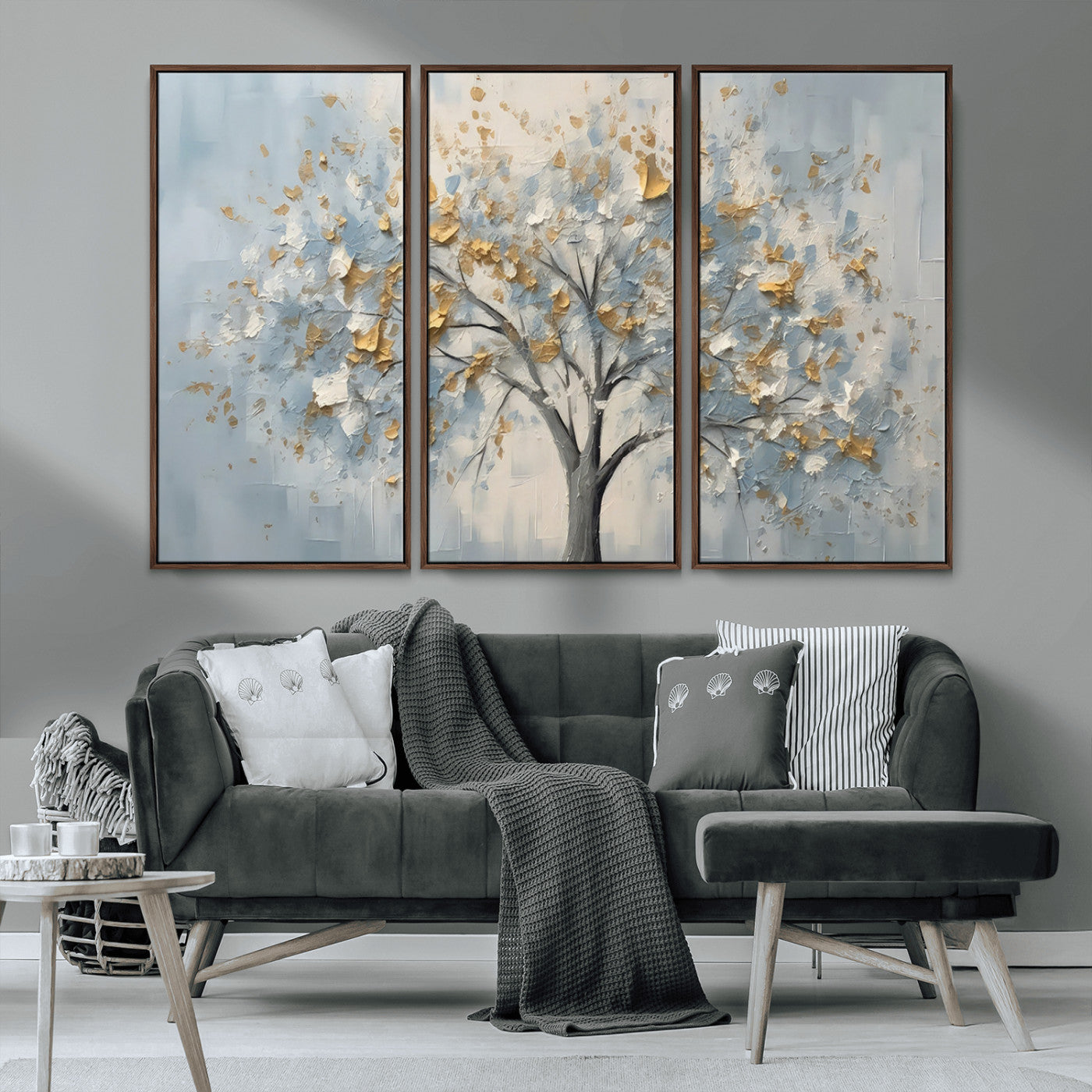65811-MGV-CV-36X24-Abstract Tree Wall Art – Textured Canvas Painting with Gold and White Leaves, Modern Nature Inspired Decor for Living Room or