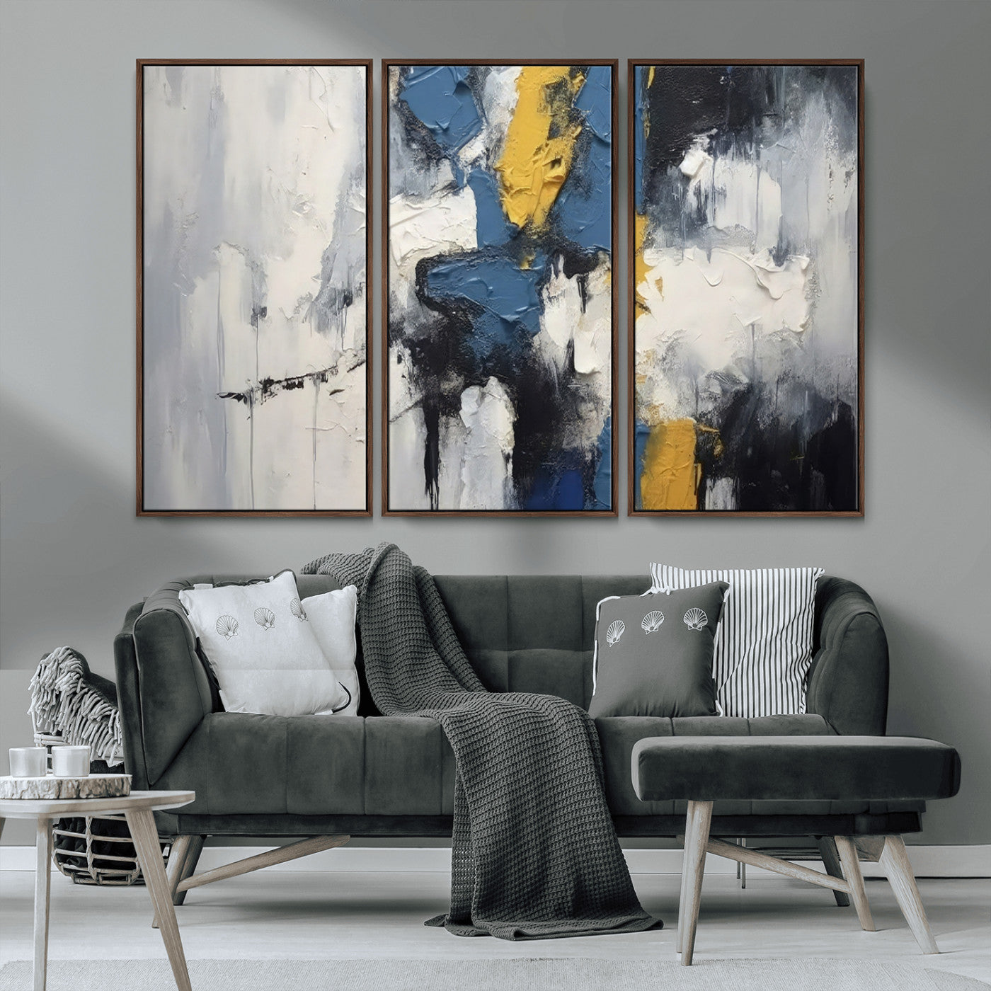 63850-MGV-FC-48X32-3P_Walnut-Abstract Blue and Yellow Wall Art – Modern Textured Canvas Painting, Bold Contemporary Artwork for Living Room, Bedroom or Office