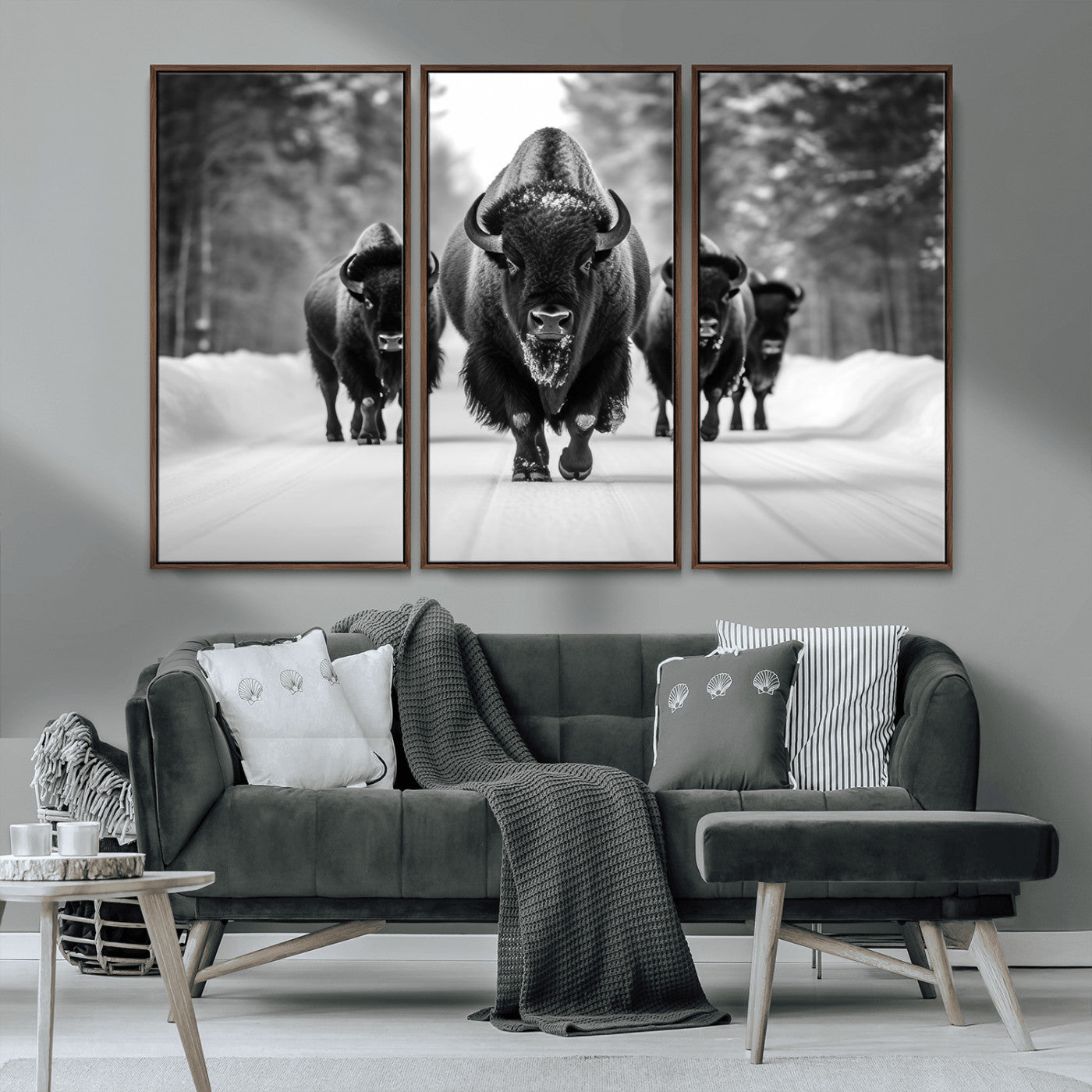 45287-MGV-CV-36X24-Bison Herd Wall Art – Black and White Buffalo Snow Road Canvas Print, Rustic Wildlife Decor for Cabin, Lodge or Living Room