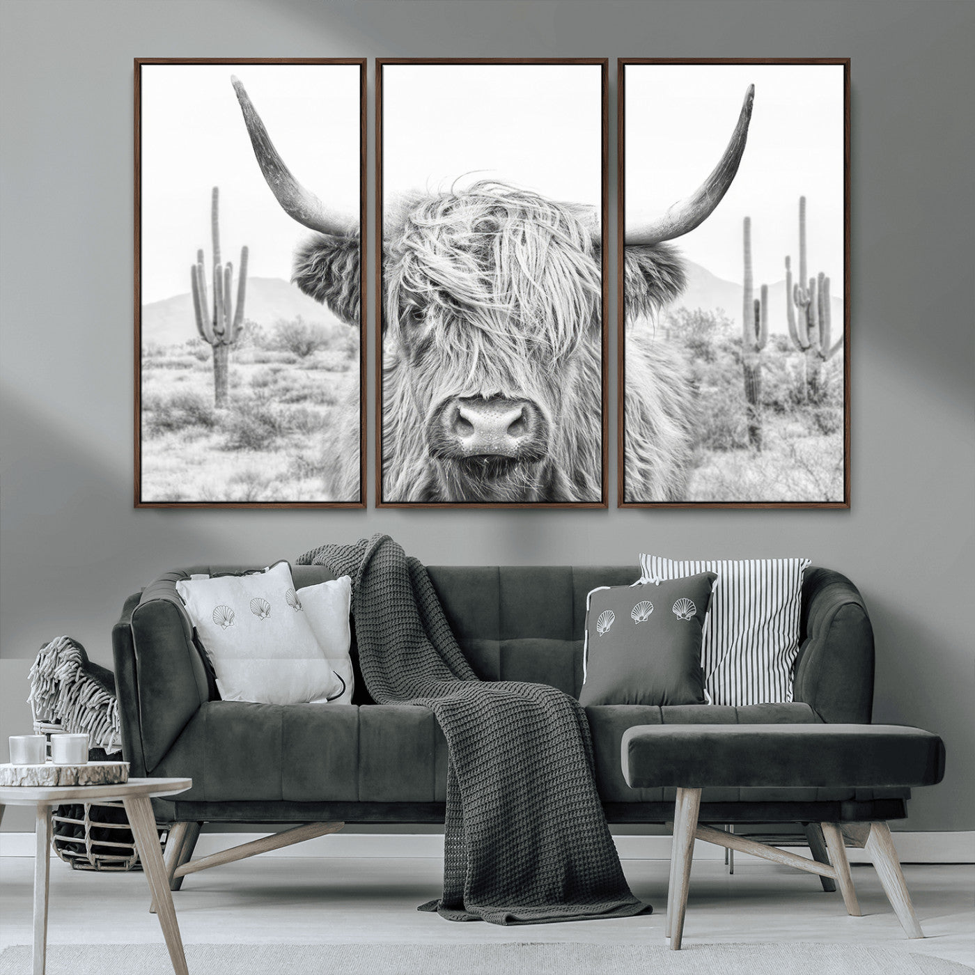 94579-MGV-CV-36X24-Highland Cow Wall Art – Black and White Longhorn Canvas Print, Rustic Western Farmhouse Animal Photography for Living Room,