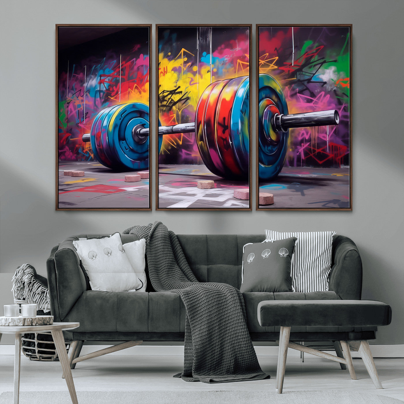 13549-MGV-CV-36X24-Graffiti Gym Wall Art Canvas Print, Framed Graffiti Barbell Art Picture Print, Weightlifting Perfect Fitness Studio Decor Artwork