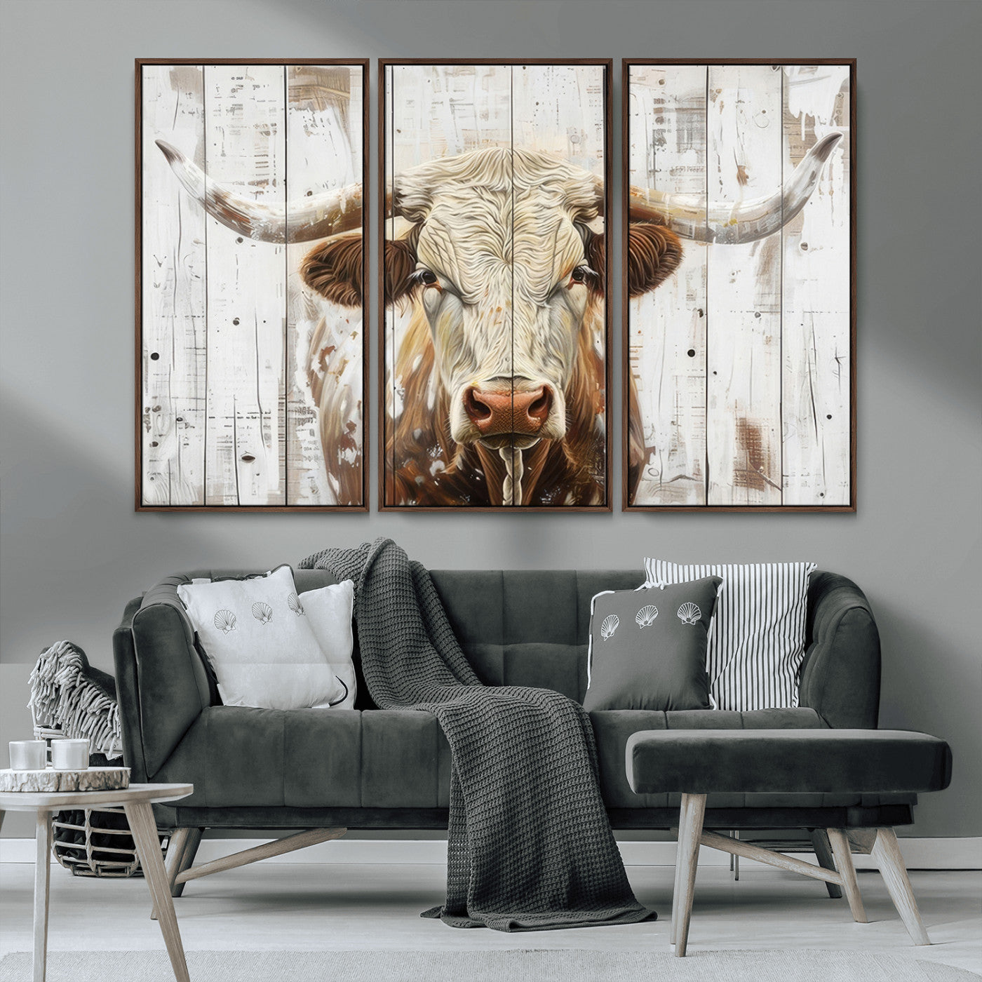 71551-MGV-CV-36X24-Longhorn Bull Wall Art – Rustic Western Cow Canvas Print, Farmhouse Animal Painting with Wood Plank Style for Living Room, Office