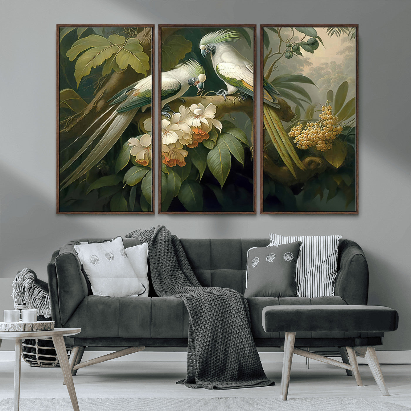 84047-MGV-FC-48X32-3P_Walnut-Tropical Birds Wall Art – Elegant Botanical Canvas Print, Exotic Nature Decor for Living Room, Bedroom or Office