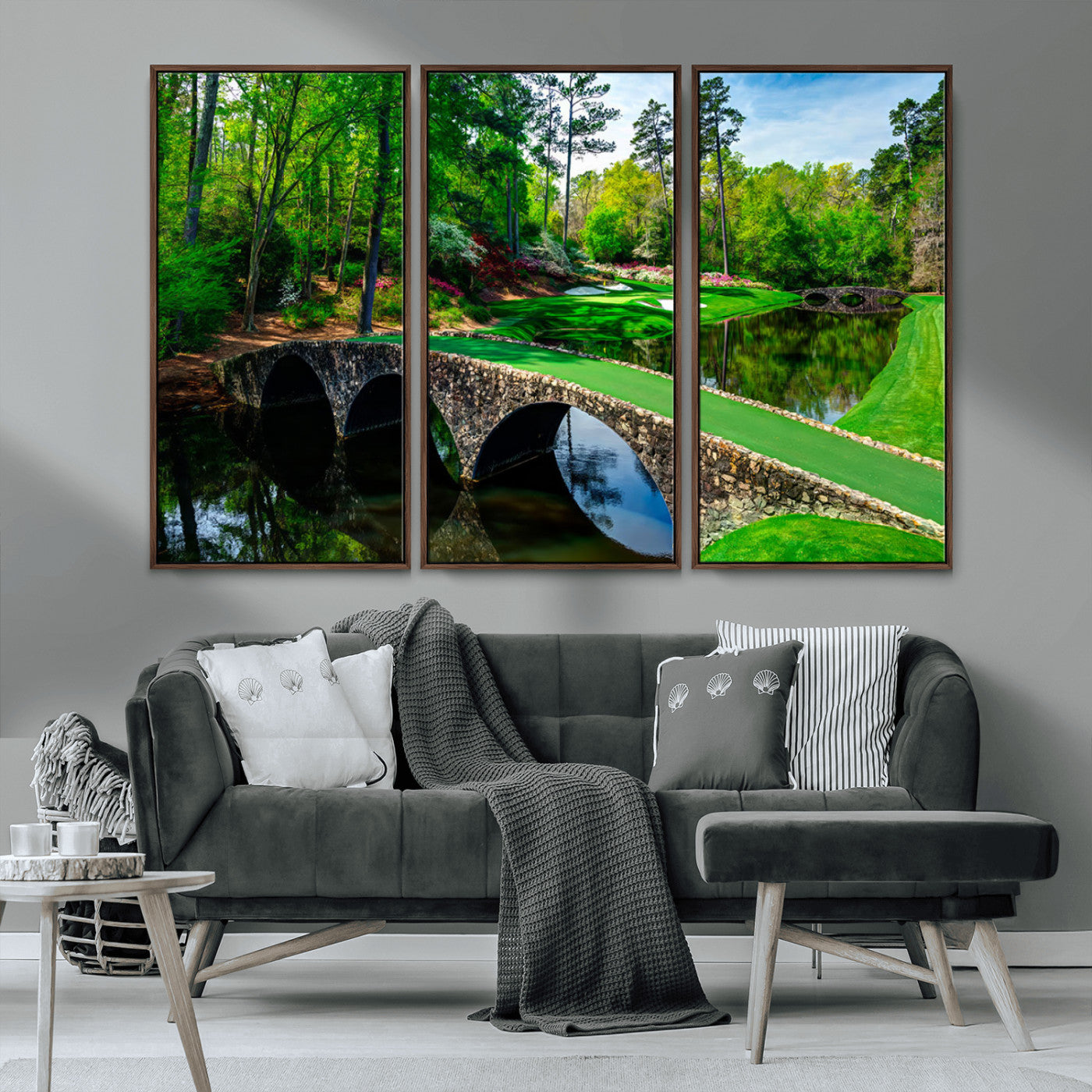 57655-MGV-FC-48X32-3P_Walnut-Golf Course Wall Art – Canvas Print Scenic Green Fairway Stone Bridge Water Reflection Landscape, Classic Sports Decor for Office,