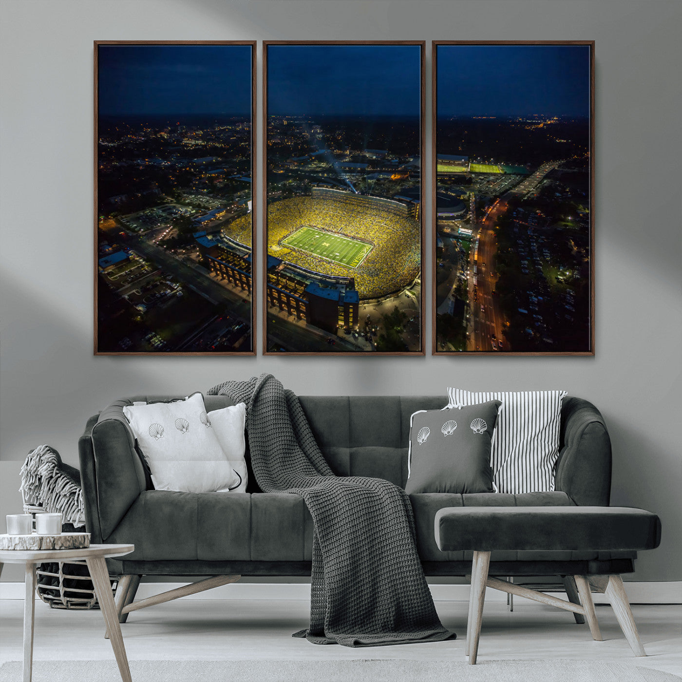 52519-MGV-FC-48X32-3P_Walnut-Michigan Football Stadium Wall Art Canvas Print, Framed Michigan Stadium Art Picture Print, Michigan Wolverines Field Perfect