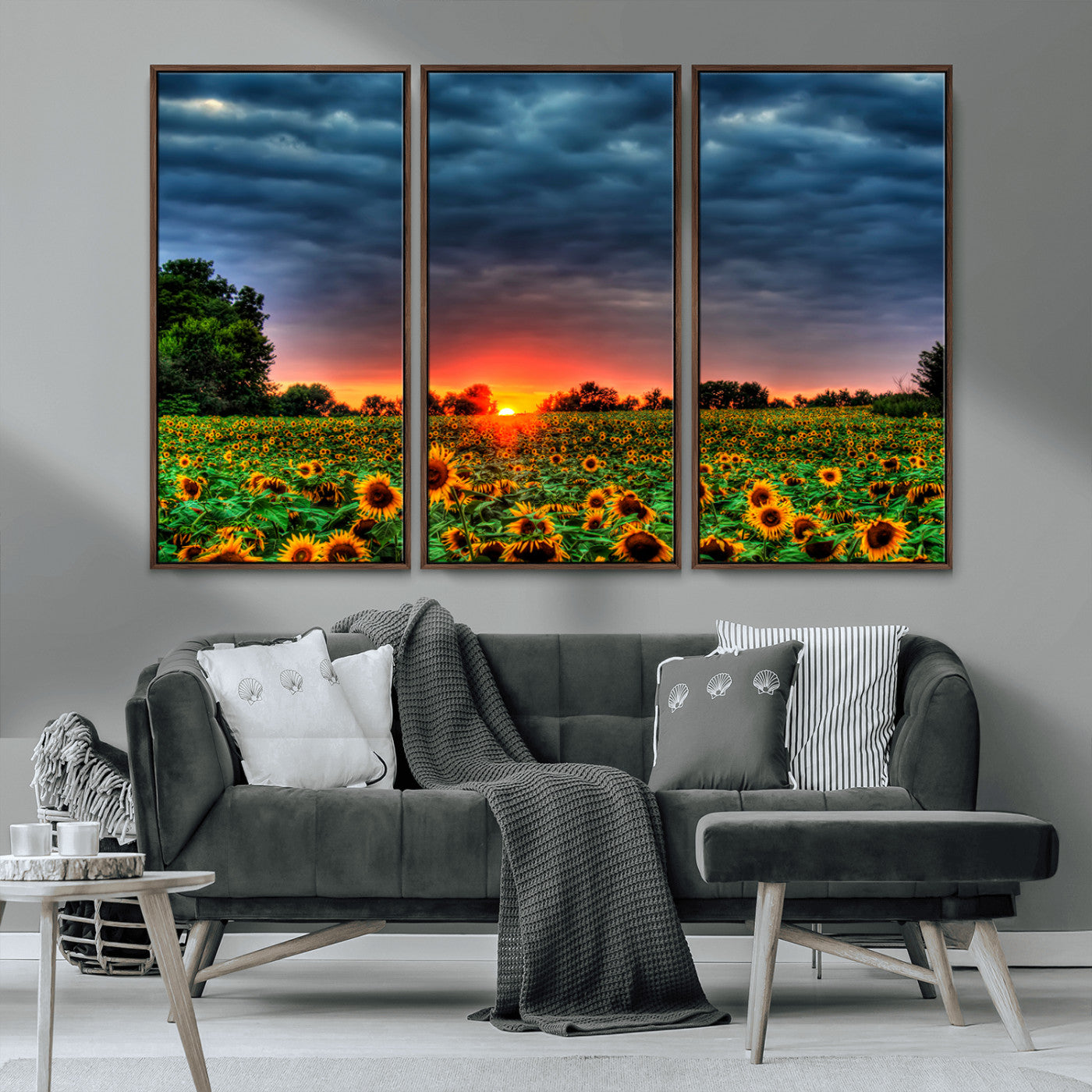 45045-MGV-FC-48X32-3P_Walnut-Sunflower Field Sunset Wall Art – Dramatic Stormy Sky Landscape Print, Vibrant Yellow Floral Nature Canvas for Living Room,
