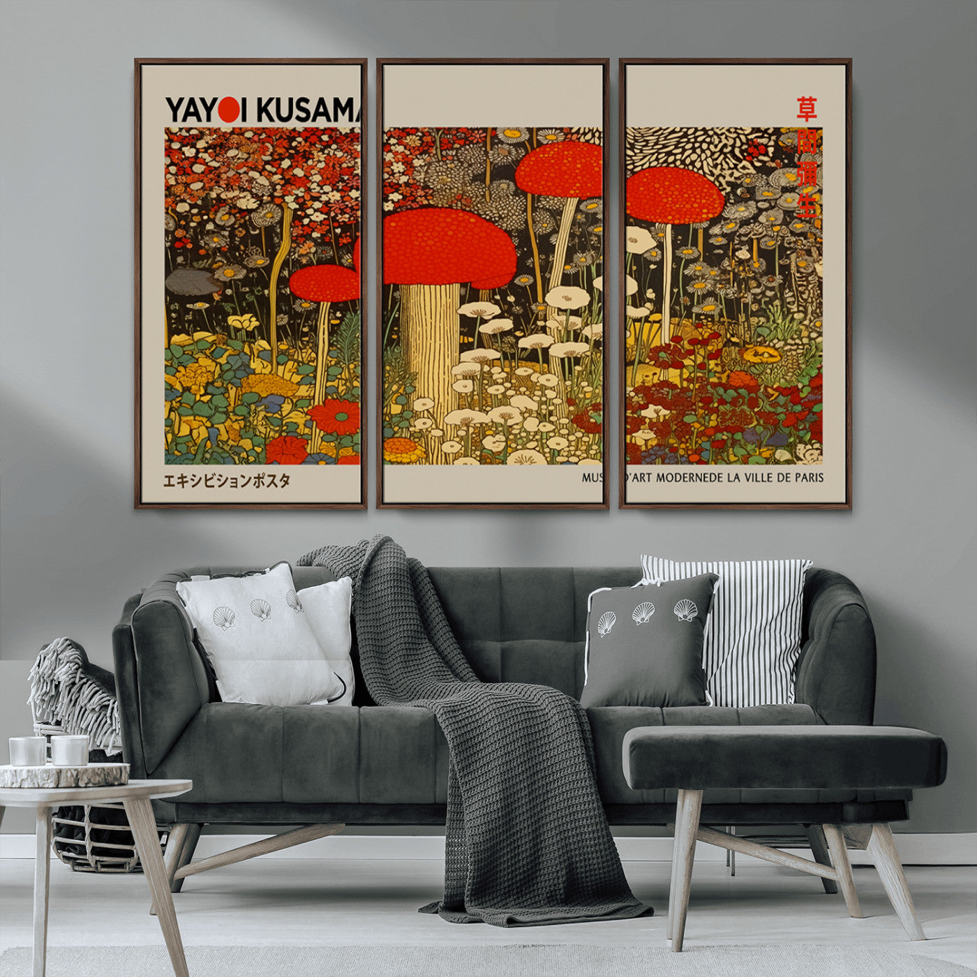 38013-MGV-CV-36X24-Yayoi Kusama Inspired Mushroom Garden Wall Art – Whimsical Botanical Canvas Print, Surreal Nature Poster, Fantasy Floral Artwork