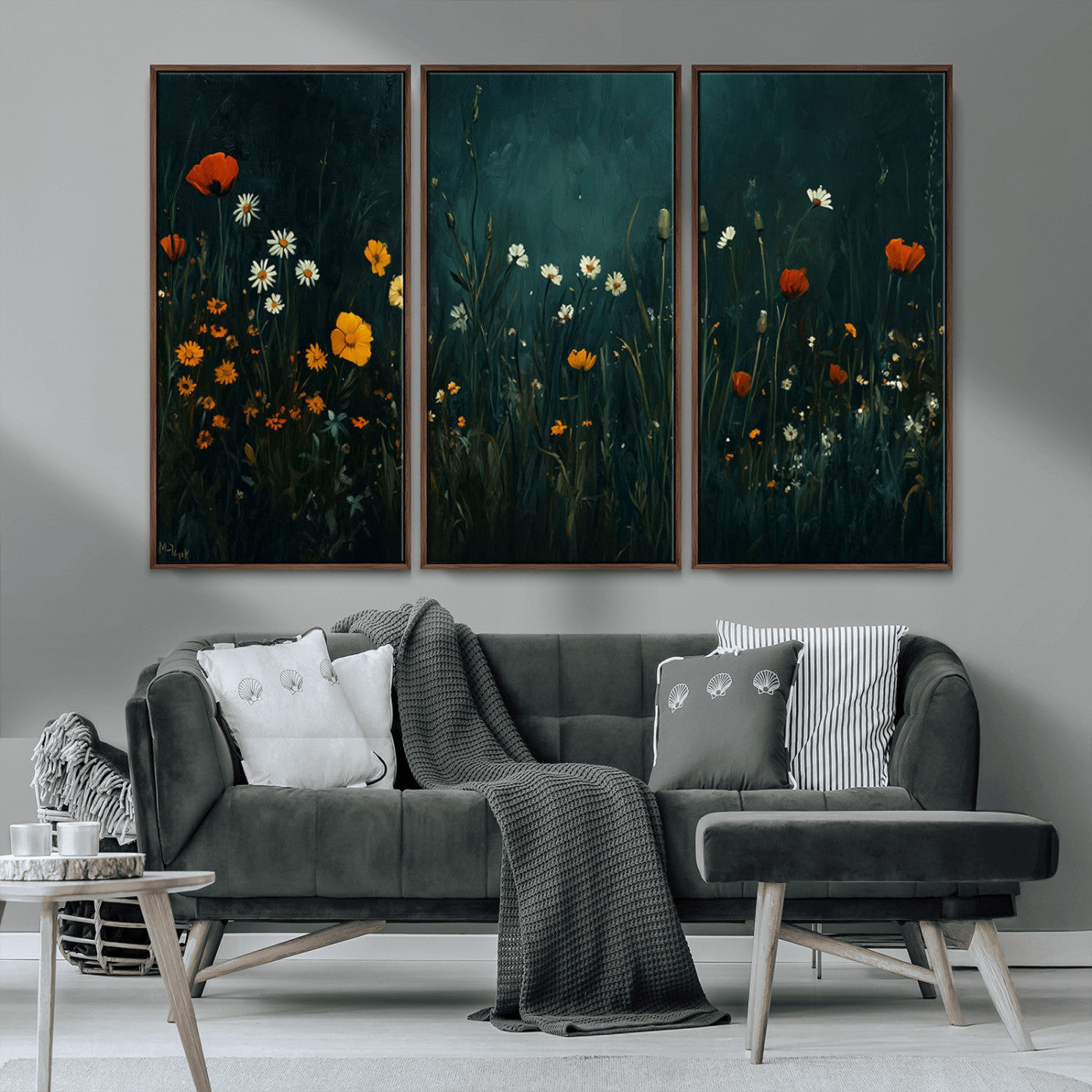87037-MGV-CV-36X24-Wildflower Wall Art – Dark Botanical Floral Canvas Print, Modern Nature Painting Poster with Daisies Poppies Orange Flowers for