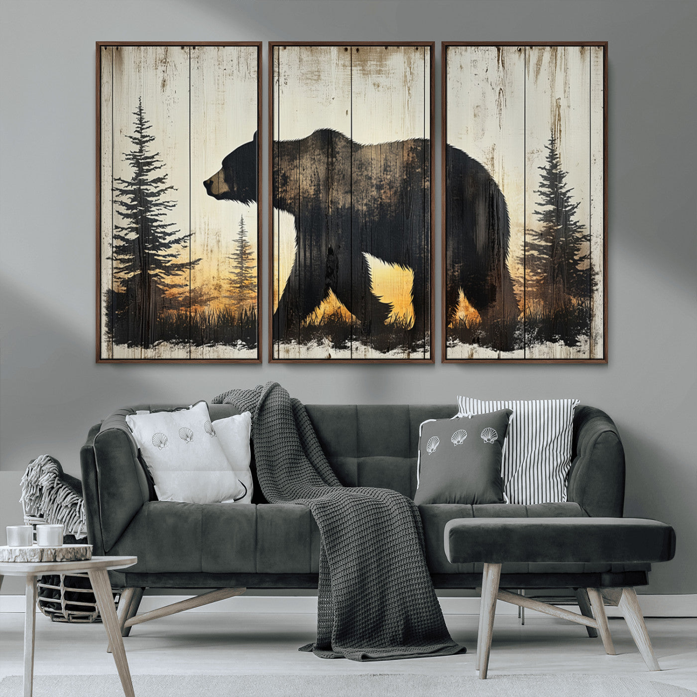 83875-MGV-CV-36X24-Sunset Bear Wall Art – Rustic Wildlife Canvas Print with Forest Silhouette, Cabin Lodge Decor for Living Room or Office