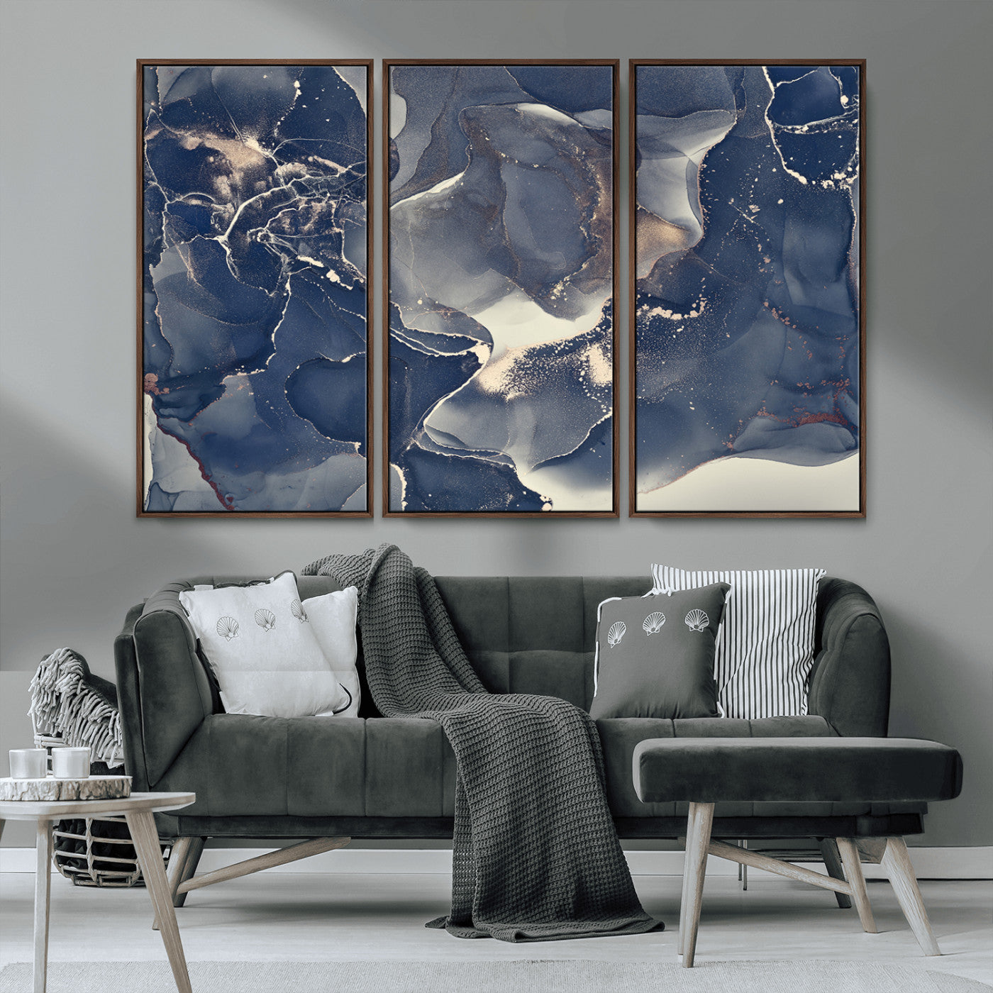 28282-MGV-CV-36X24-Blue Abstract Wall Art – Modern Ink Swirl Canvas Print, Contemporary Navy and Gold Painting for Living Room, Bedroom, Office or
