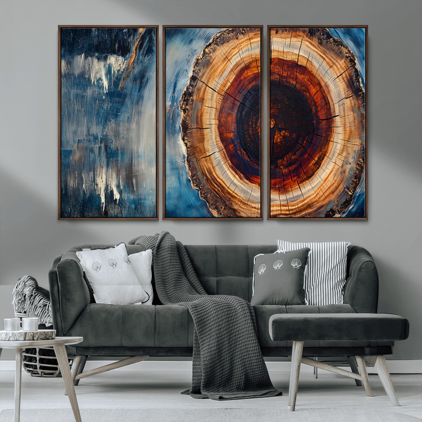48045-MGV-CV-36X24-Tree Ring Abstract Wall Art – Rustic Wood Grain Canvas Print with Brown Center and Blue Brush Strokes, Nature Inspired Artwork for