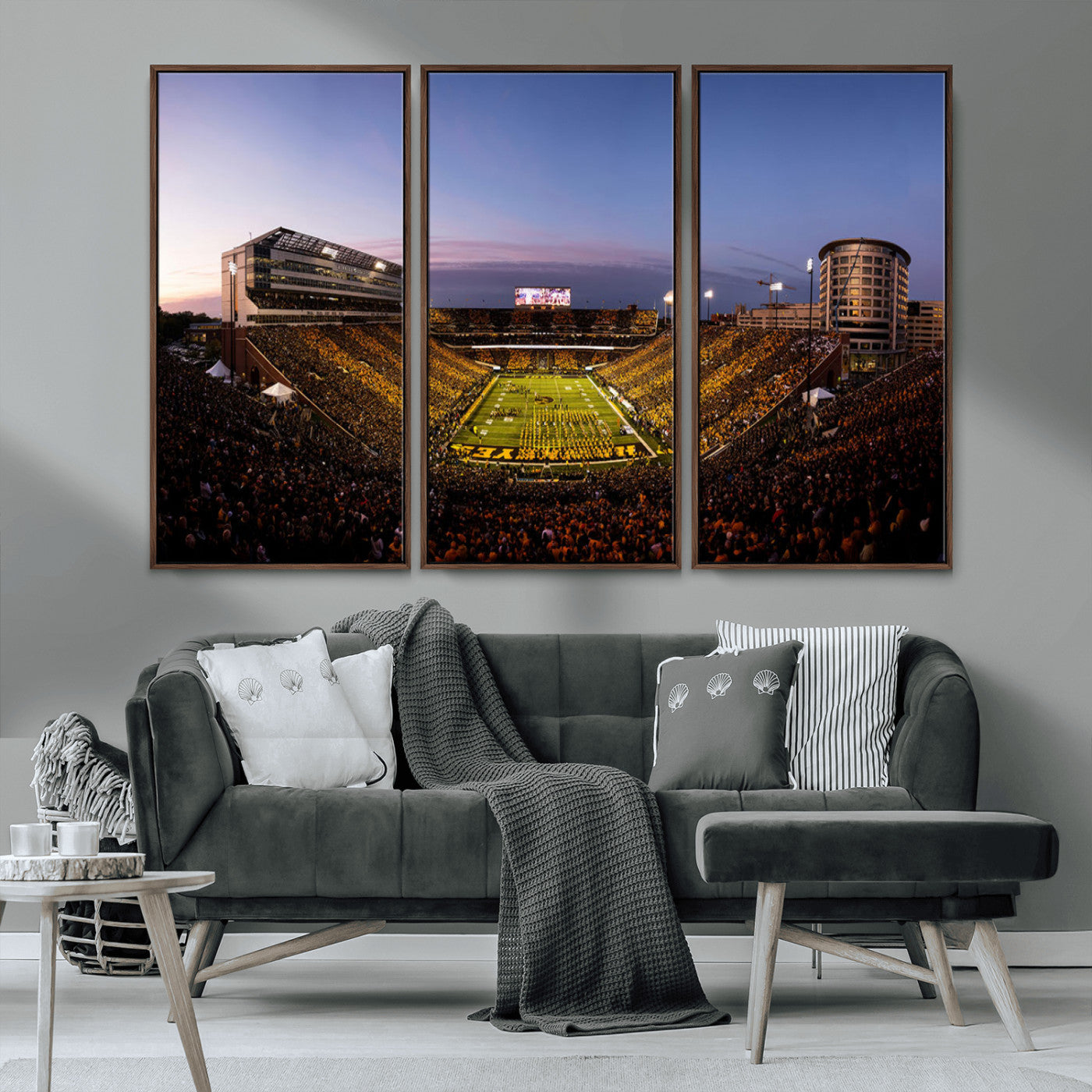 82557-MGV-CV-36X24-College Football Stadium Wall Art – Panoramic Sunset Canvas Print with Marching Band and Game Day Crowd, Sports Artwork for Man