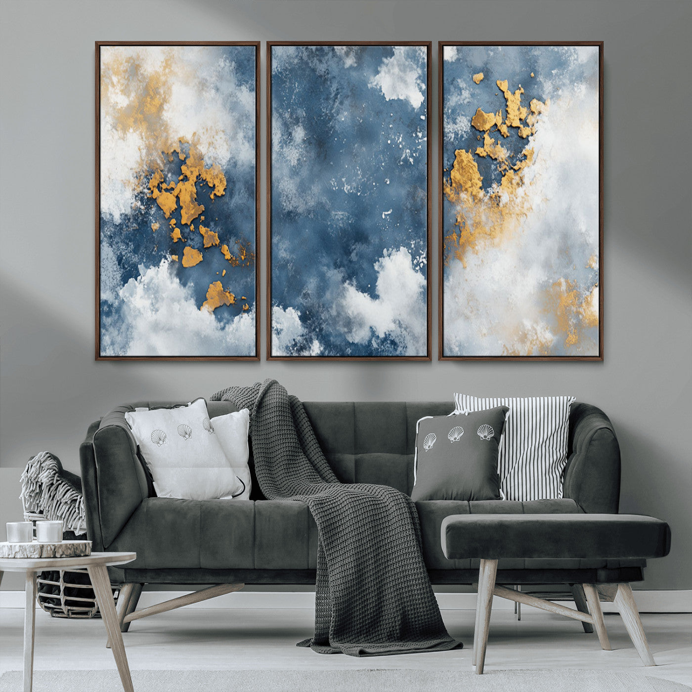 39575-MGV-CV-36X24-Blue and Gold Abstract Wall Art – Modern Canvas Print Featuring Cloudy Textures with Metallic Accents, Contemporary Artwork for