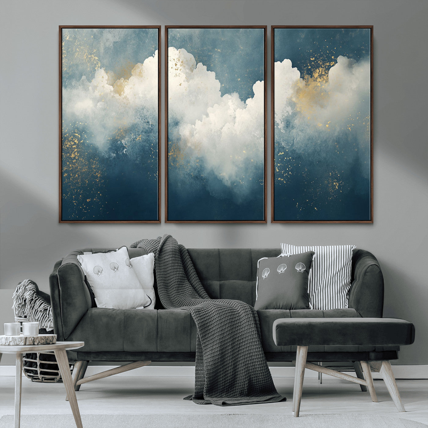 75131-MGV-CV-36X24-Abstract Cloud Wall Art – Modern Canvas Print Featuring Blue and White Clouds with Golden Accents, Contemporary Artwork for Living