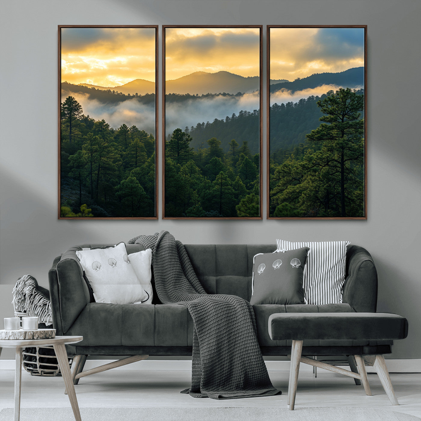 68082278-MGV-CV-36X24-Mountain Sunrise Wall Art Canvas Print, Framed Pine Forest Art Picture Print, Misty Mountains Perfect Earthy Woodland Decor