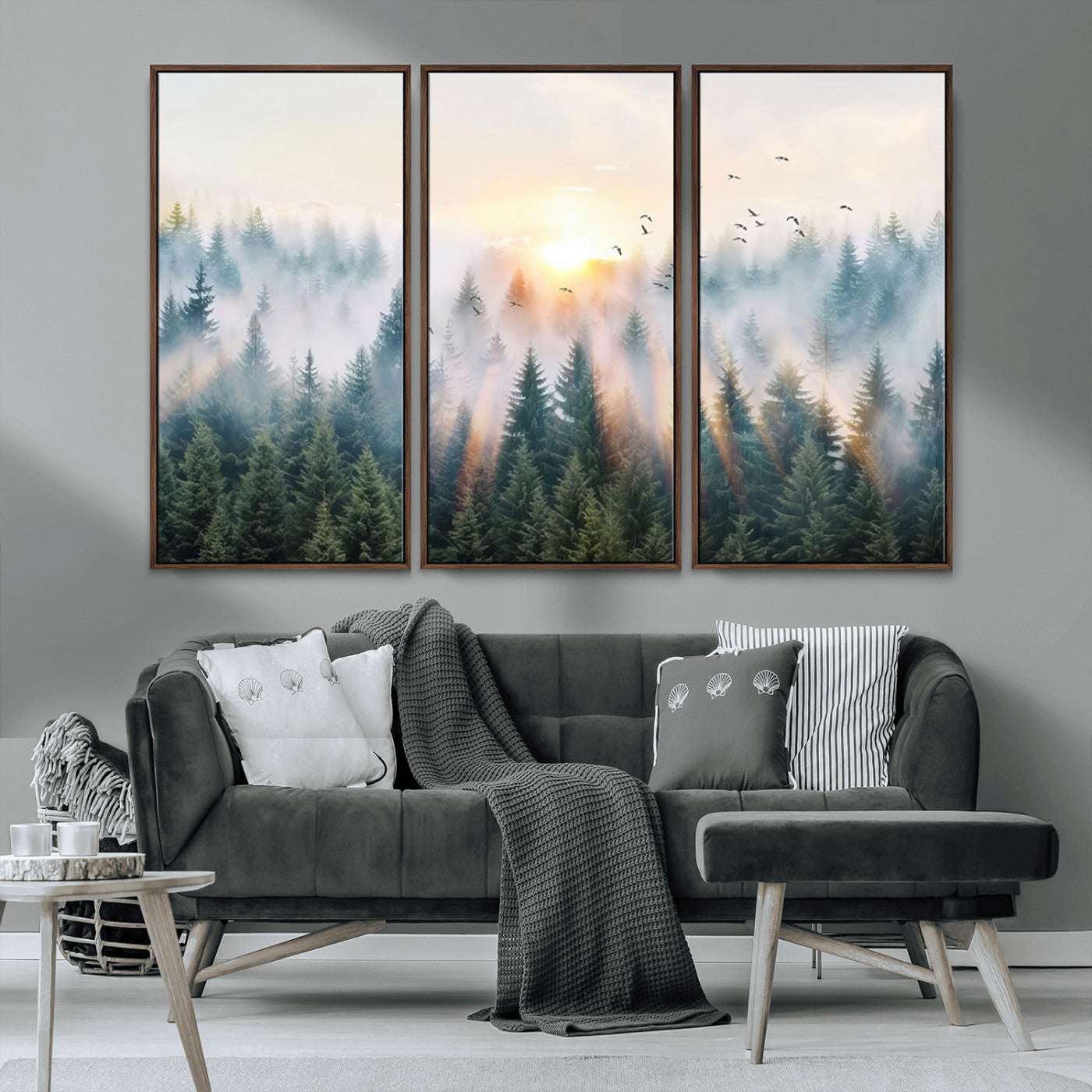 92718976-MGV-FC-48X32-3P_Walnut-Misty Forest Wall Art Canvas Print, Framed Sunrise Pines Art Picture Print, Foggy Woodland Perfect Moody Woodland Decor Artwork