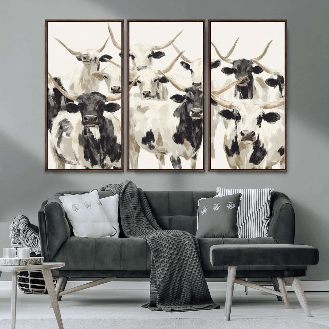 52947970-MGV-CV-36X24-Texas Longhorn Wall Art Canvas Print, Framed Cattle Herd Art Picture Print, Herd Portrait Perfect Modern Farmhouse Decor Artwork