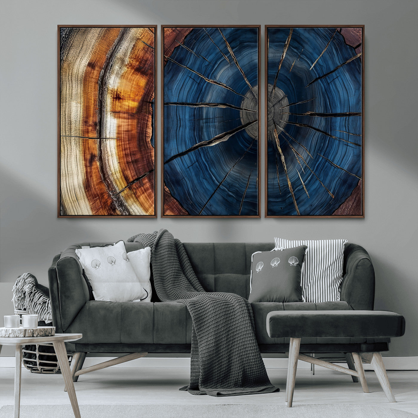 60099360-MGV-CV-36X24-Blue Tree Ring Wall Art – Rustic Wood Grain Canvas Print, Modern Abstract Artwork with Natural Texture for Living Room, Bedroom,