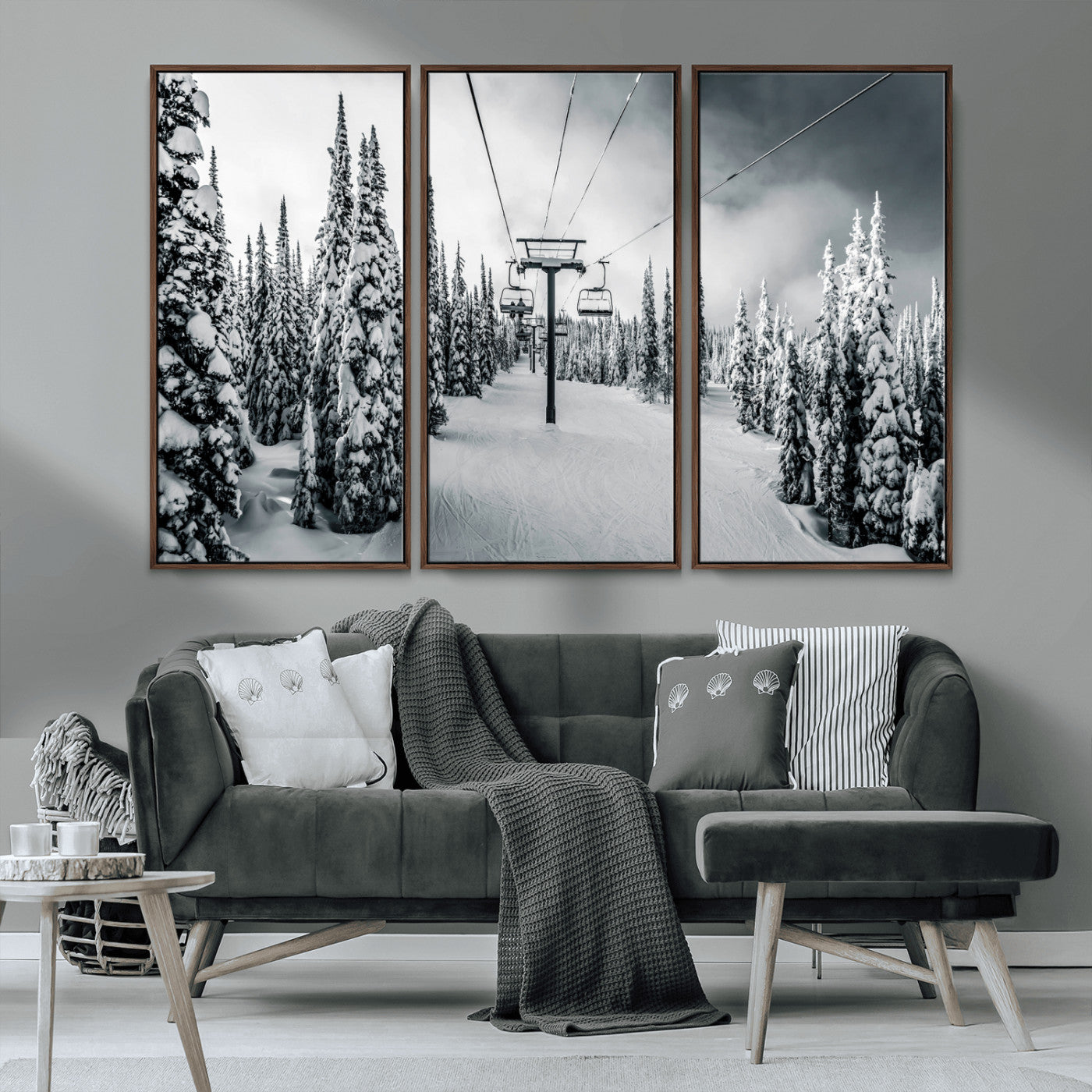 31156828-MGV-CV-36X24-Snowy Pines Wall Art Canvas Print, Framed Ski Lift Art Picture Print, Winter Forest Perfect Moody Lodge Decor Artwork