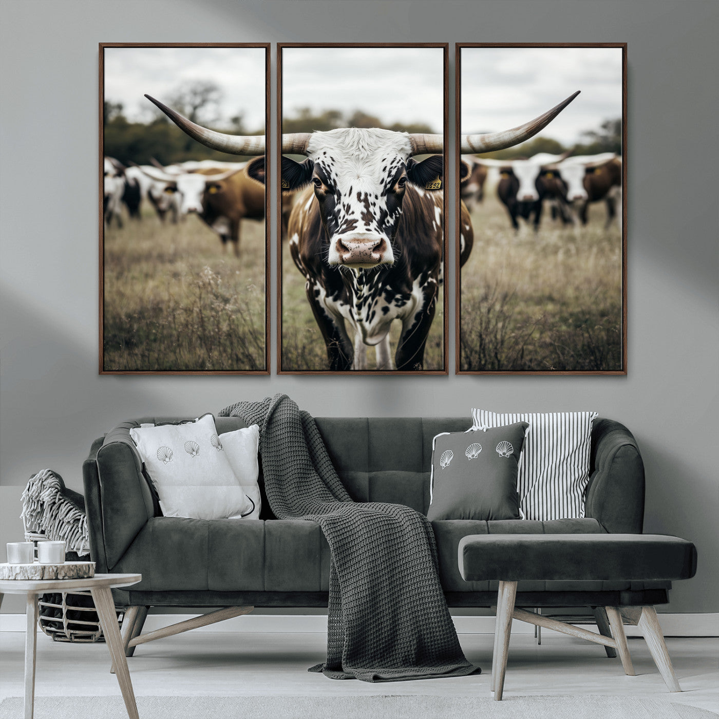 79025945-MGV-CV-36X24-Texas Longhorn Wall Art Canvas Print, Framed Speckled Cow Art Picture Print, Horned Cattle Perfect Rustic Western Decor Artwork