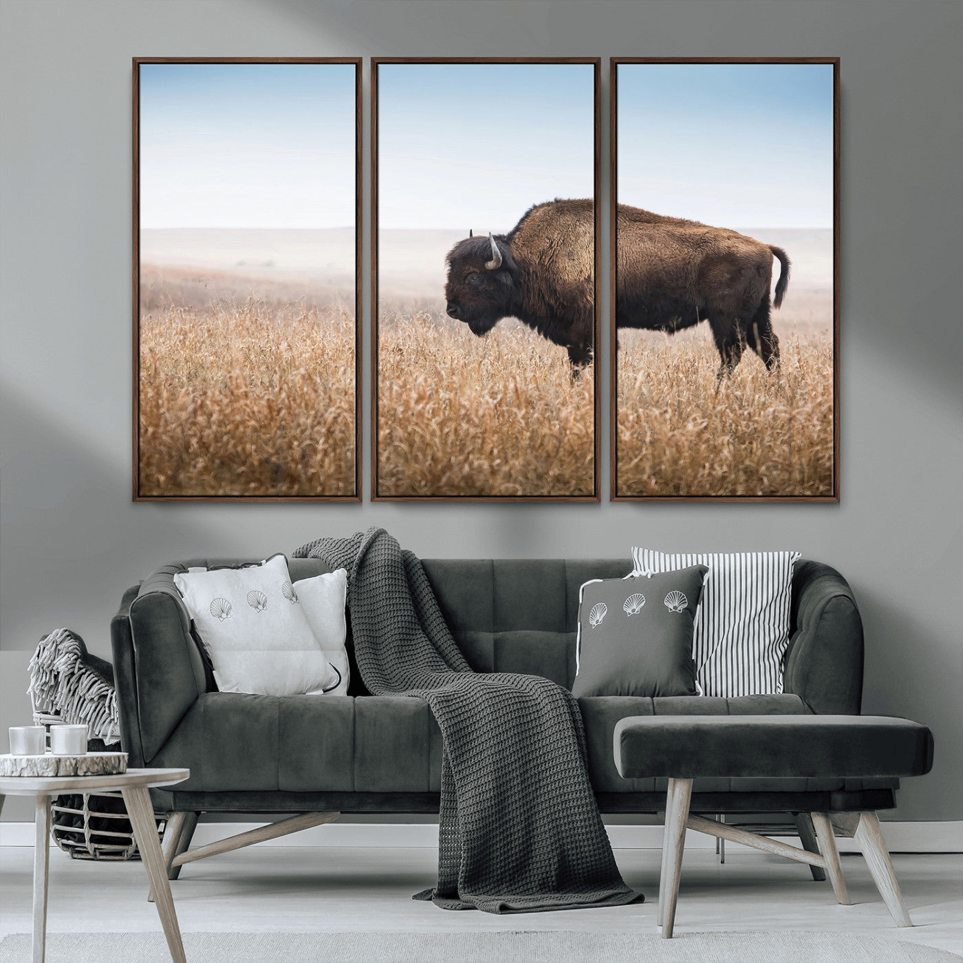 91267849-MGV-CV-36X24-Wild Bison Wall Art Canvas Print, Framed Bison in Prairie Art Picture Print, Rustic Western Perfect Rustic Western Decor Artwork