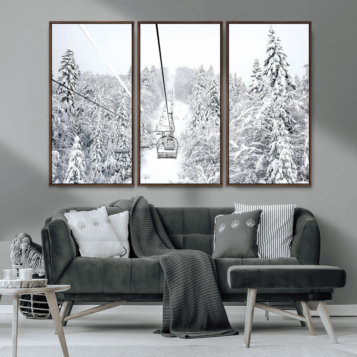 60296839-MGV-CV-36X24-Snowy Mountains Wall Art Canvas Print, Framed Ski Lift Art Picture Print, Winter Forest Perfect Winter Minimalist Decor Artwork