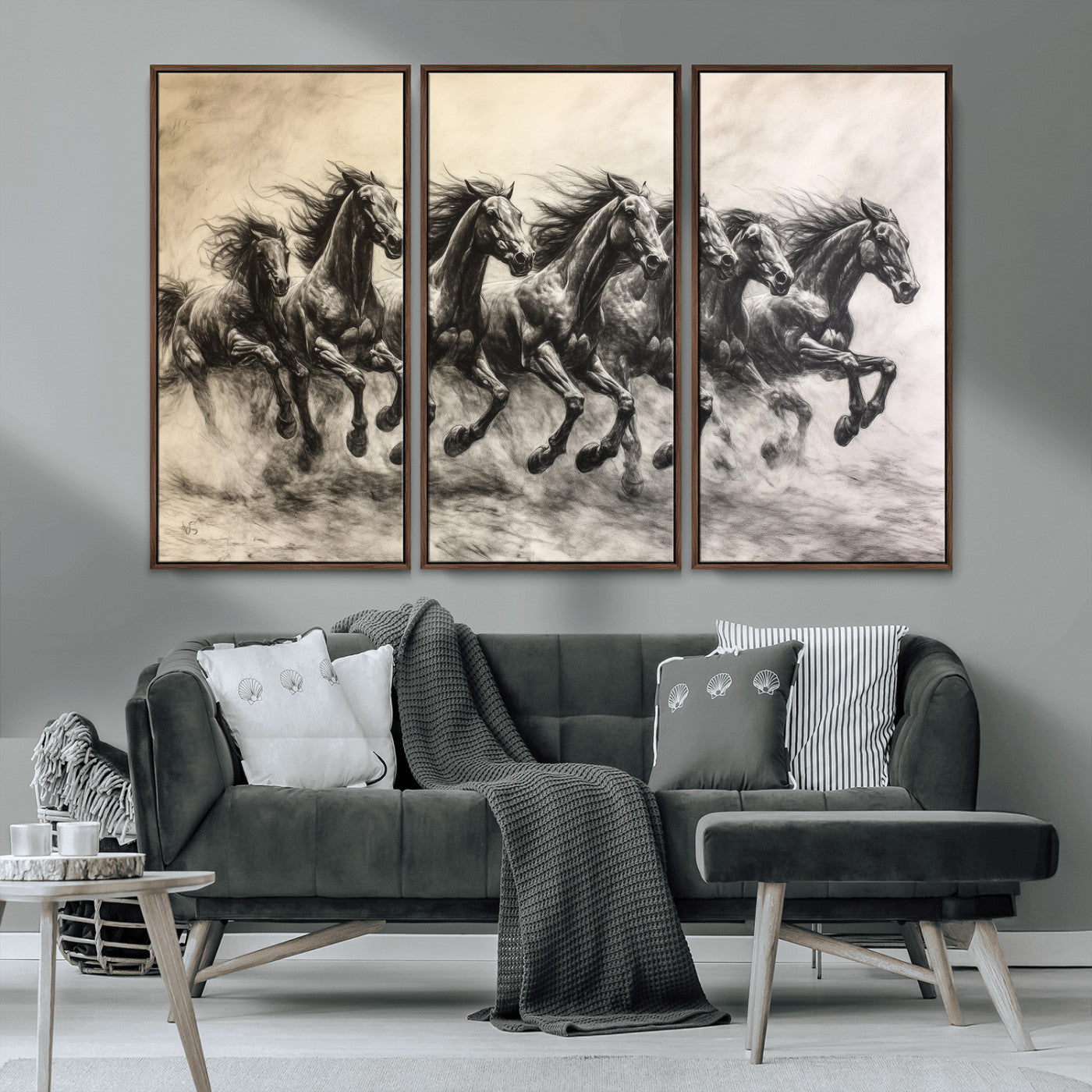 56089591-MGV-CV-36X24-Galloping Horses Wall Art Canvas Print, Framed Wild Stallions Art Picture Print, Horse Herd Sketch Perfect Monochrome Dynamic