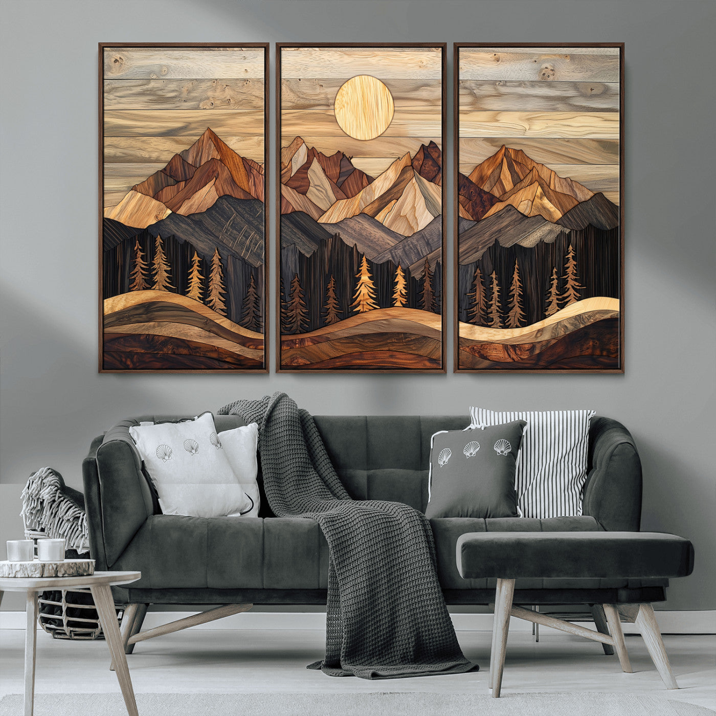 50100230-MGV-FC-48X32-3P_Walnut-Wooden Mountain Wall Art – Rustic Nature Landscape Canvas Print, Handmade Style Sun, Forest, and Peaks Artwork for Living Room,