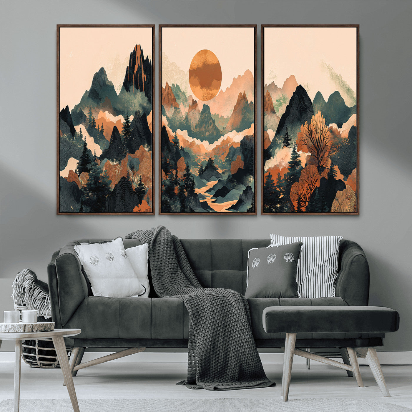 13012770-MGV-CV-36X24-Mountain Landscape Wall Art – Modern Nature Canvas Print with Sun, Misty Peaks, and Forest in Orange and Green Tones for Living