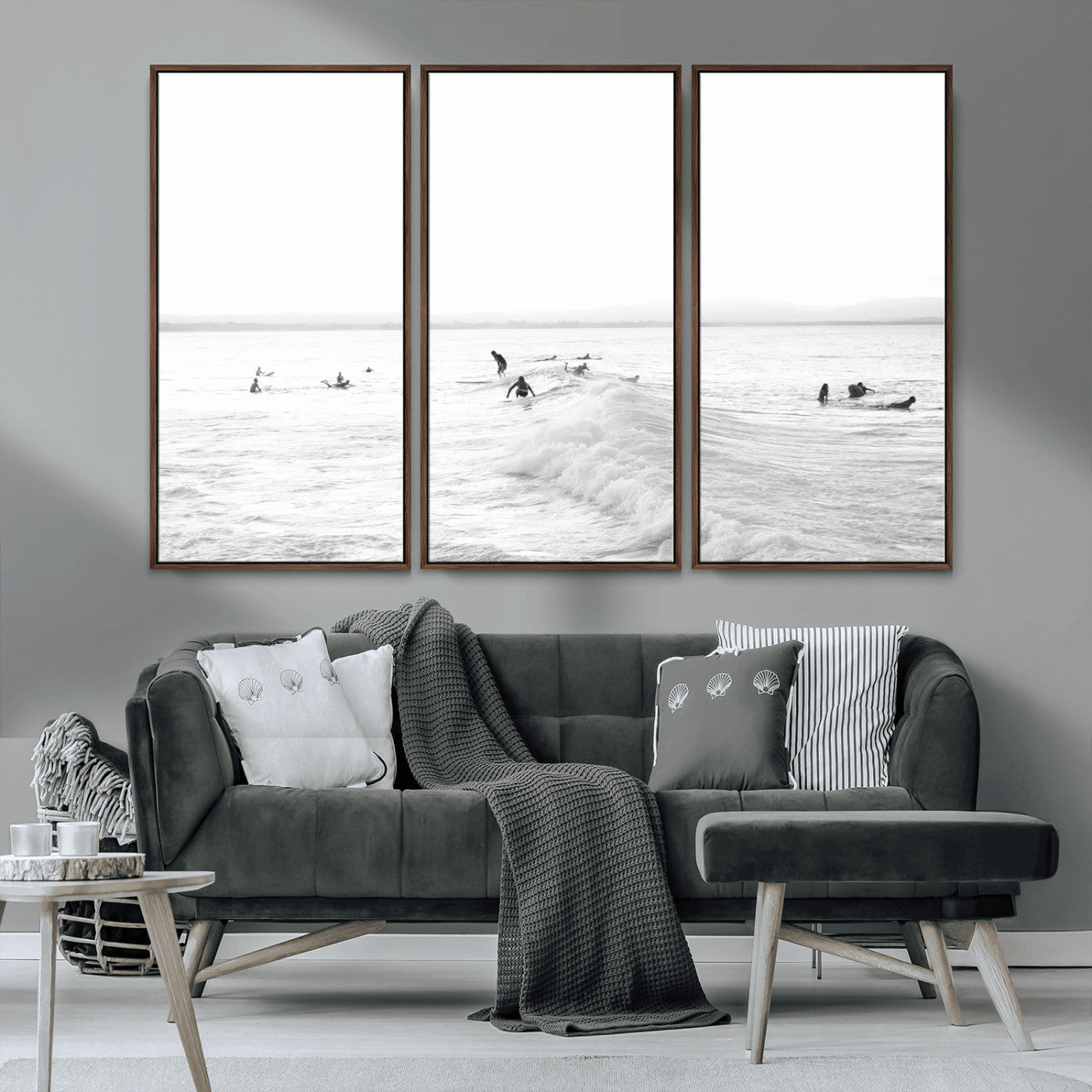33449548-MGV-CV-36X24-Group Surfers Wall Art Canvas Print, Framed Ocean Wave Art Picture Print, Surf Crowd Perfect Monochrome Surf Decor Artwork