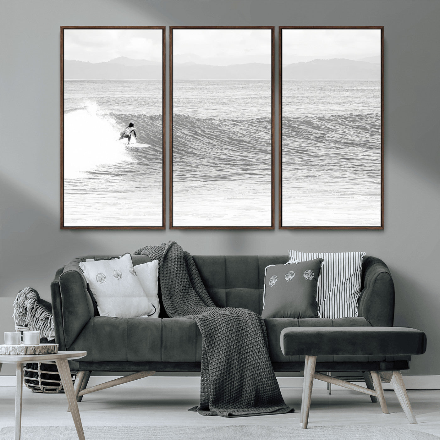 81535128-MGV-CV-36X24-Surfer Woman Wall Art Canvas Print, Framed Black Ocean Art Picture Print, Ocean Surfing Perfect Monochrome Coastal Decor Artwork