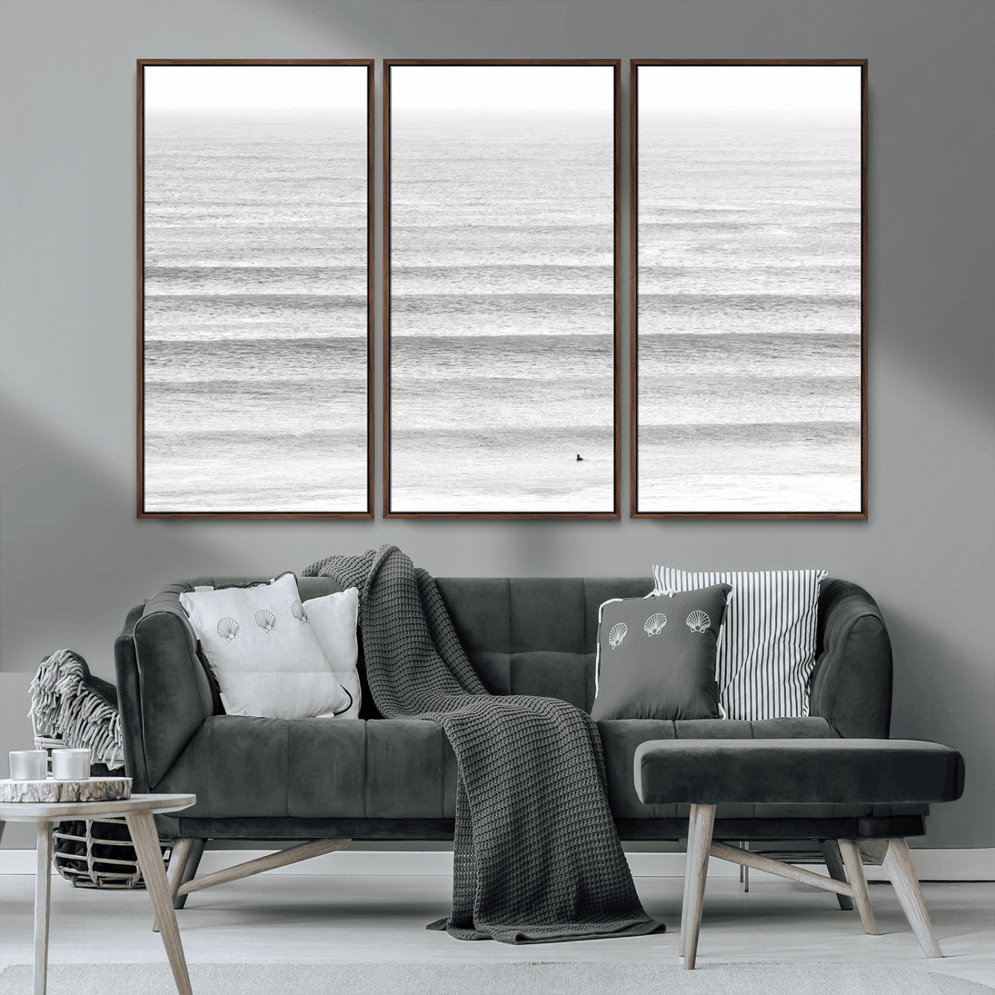 66534476-MGV-FC-48X32-3P_Walnut-Lone Surfer Wall Art Canvas Print, Framed Ocean Waves Art Picture Print, Minimal Sea Perfect Minimal Coastal Decor Artwork