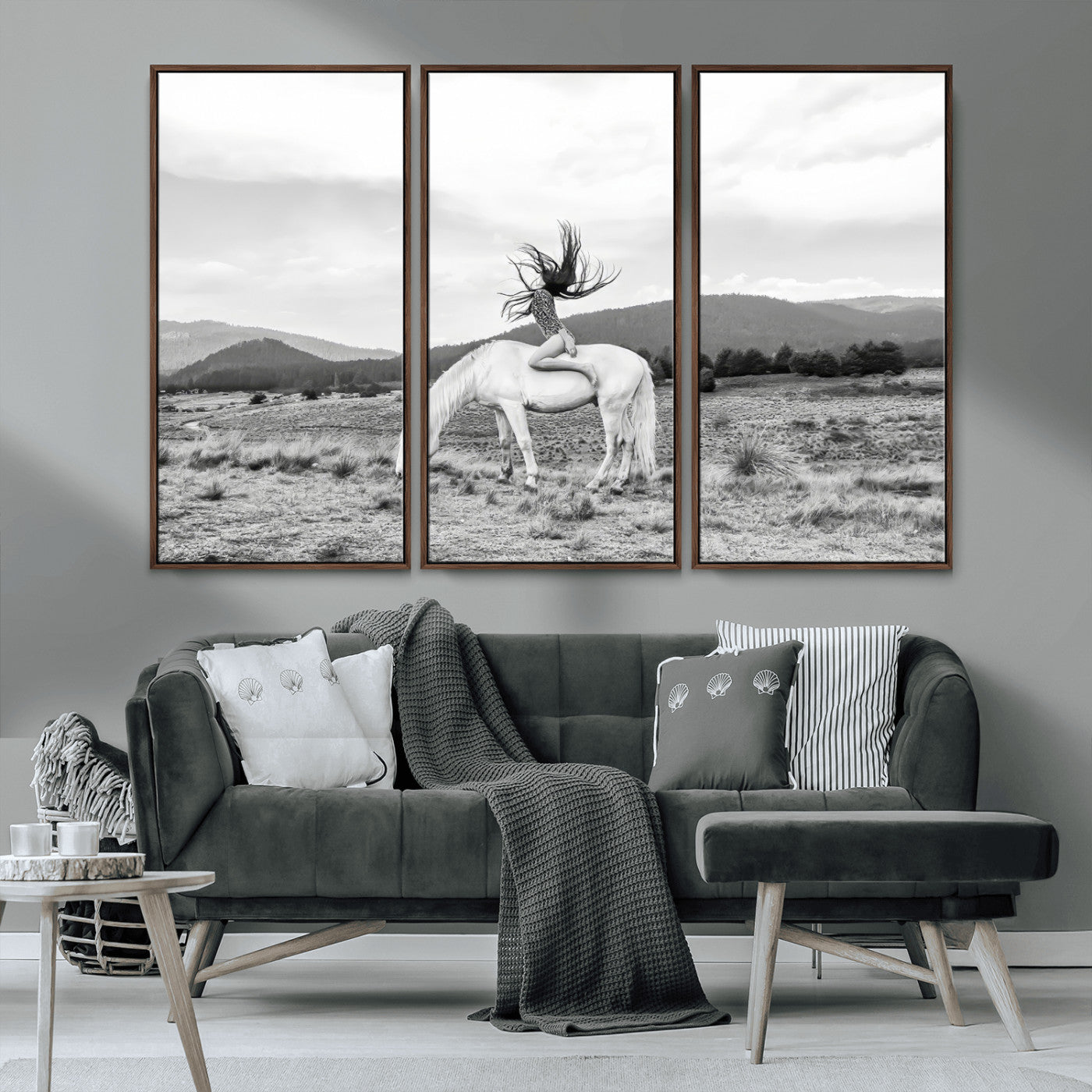 62789800-MGV-CV-36X24-White Horse Wall Art Canvas Print, Framed Woman Rider Art Picture Print, Equestrian Pose Perfect Western Boho Decor Artwork