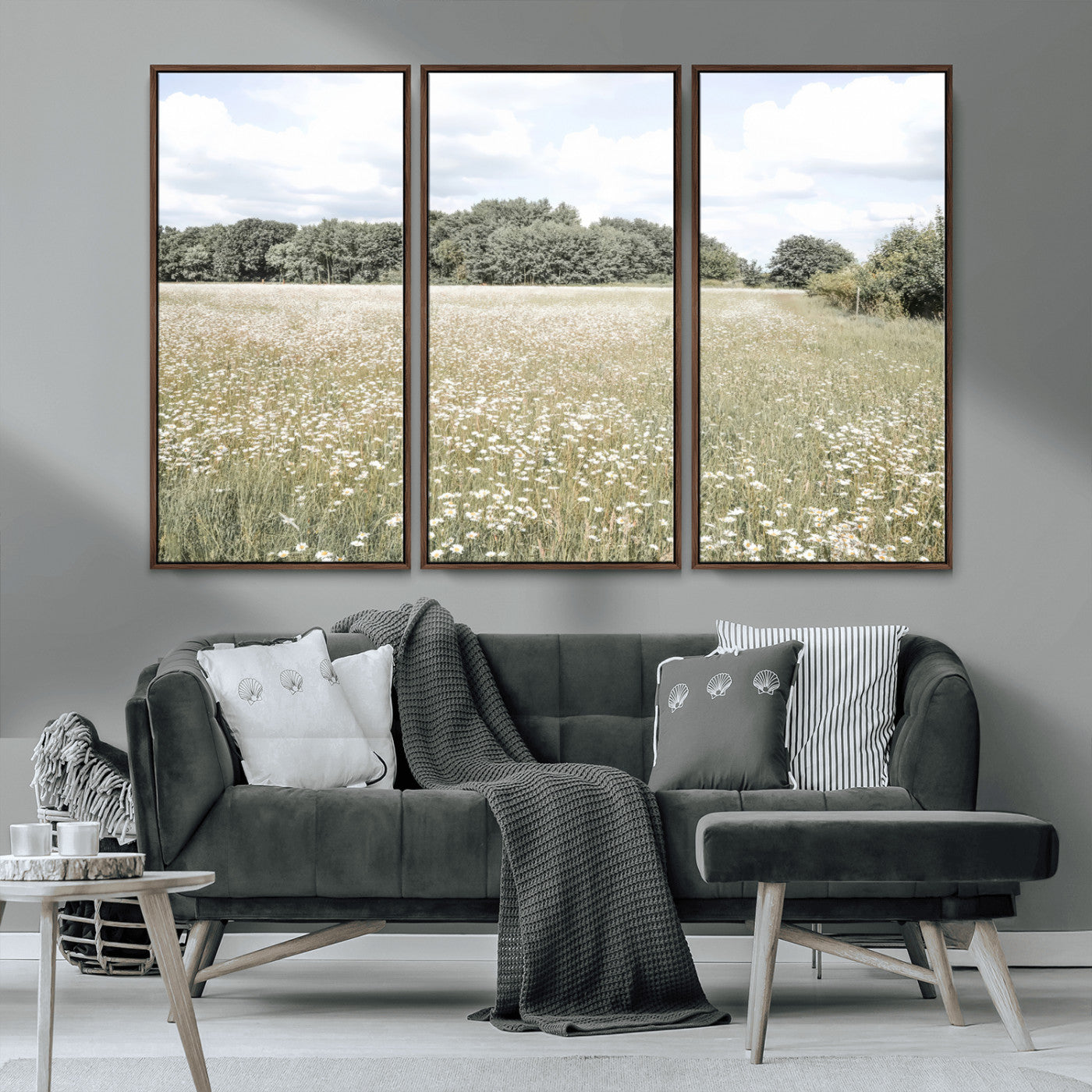 43258946-MGV-CV-36X24-Daisy Field Wall Art Canvas Print, Framed Pastel Flower Art Picture Print, Meadow Bloom Perfect Scandinavian Minimalist Decor