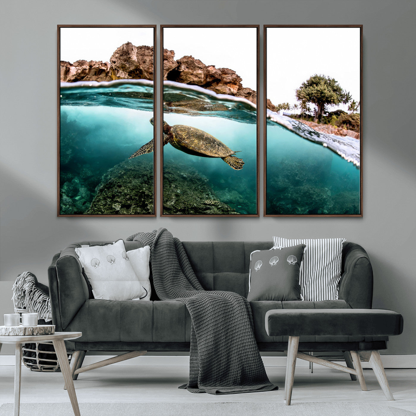 44200301-MGV-CV-36X24-Sea Turtle Swim Wall Art Canvas Print, Framed Ocean Life Art Picture Print, Tropical Shoreline Perfect Tropical Coastal Decor