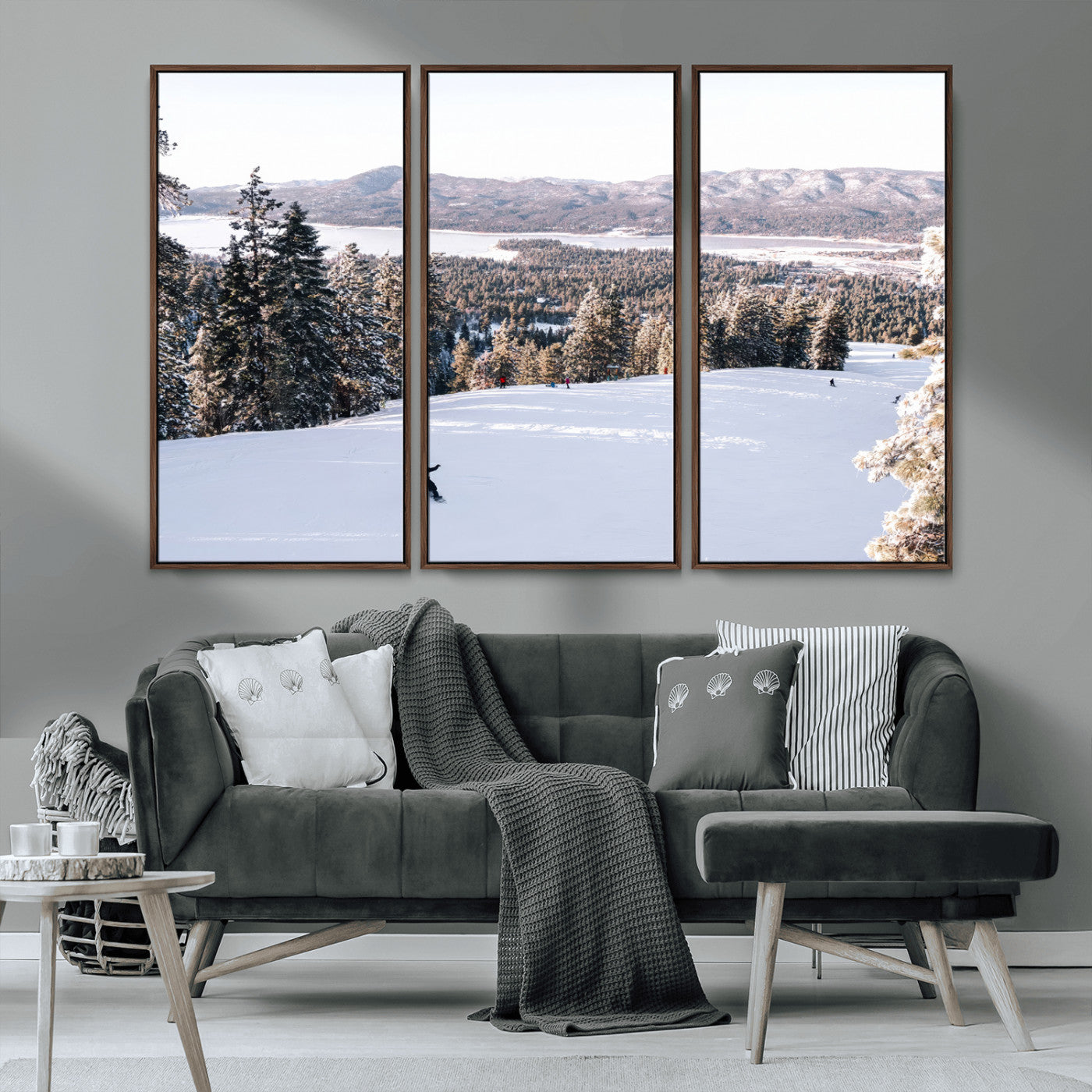 79857868-MGV-FC-48X32-3P_Walnut-Snowy Mountain Wall Art Canvas Print, Framed Ski Slope Art Picture Print, Winter Forest Perfect Modern Rustic Decor Artwork