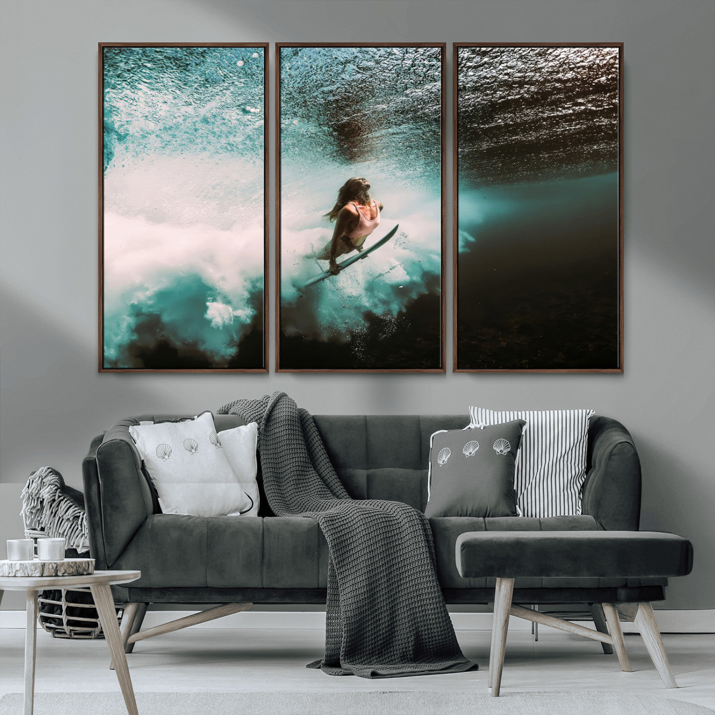85923512-MGV-CV-36X24-Aquatic Motion Wall Art Canvas Print, Framed Underwater Swimming Art Picture Print, Female Surfer Diving Perfect Coastal Boho