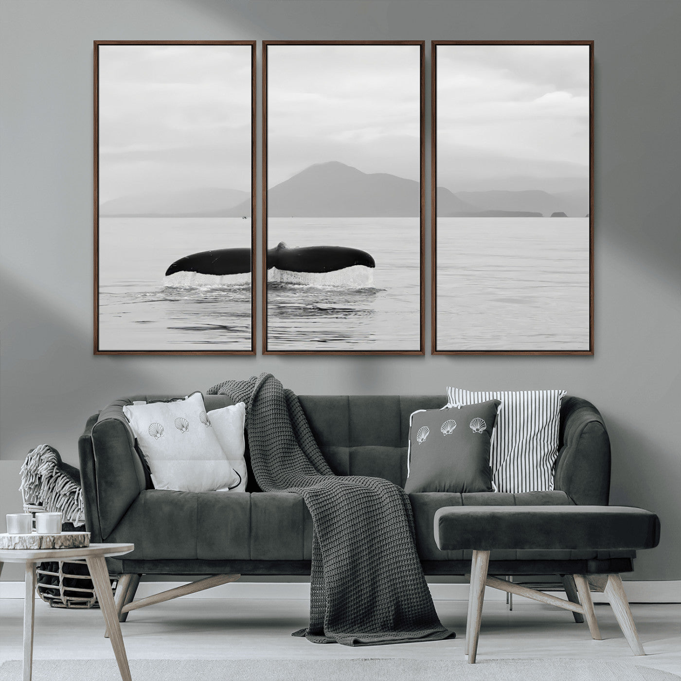 30524220-MGV-CV-36X24-Whale Tail Wall Art Canvas Print, Framed Black White Ocean Art Picture Print, Calm Marine Perfect Minimalist Coastal Decor Artwork