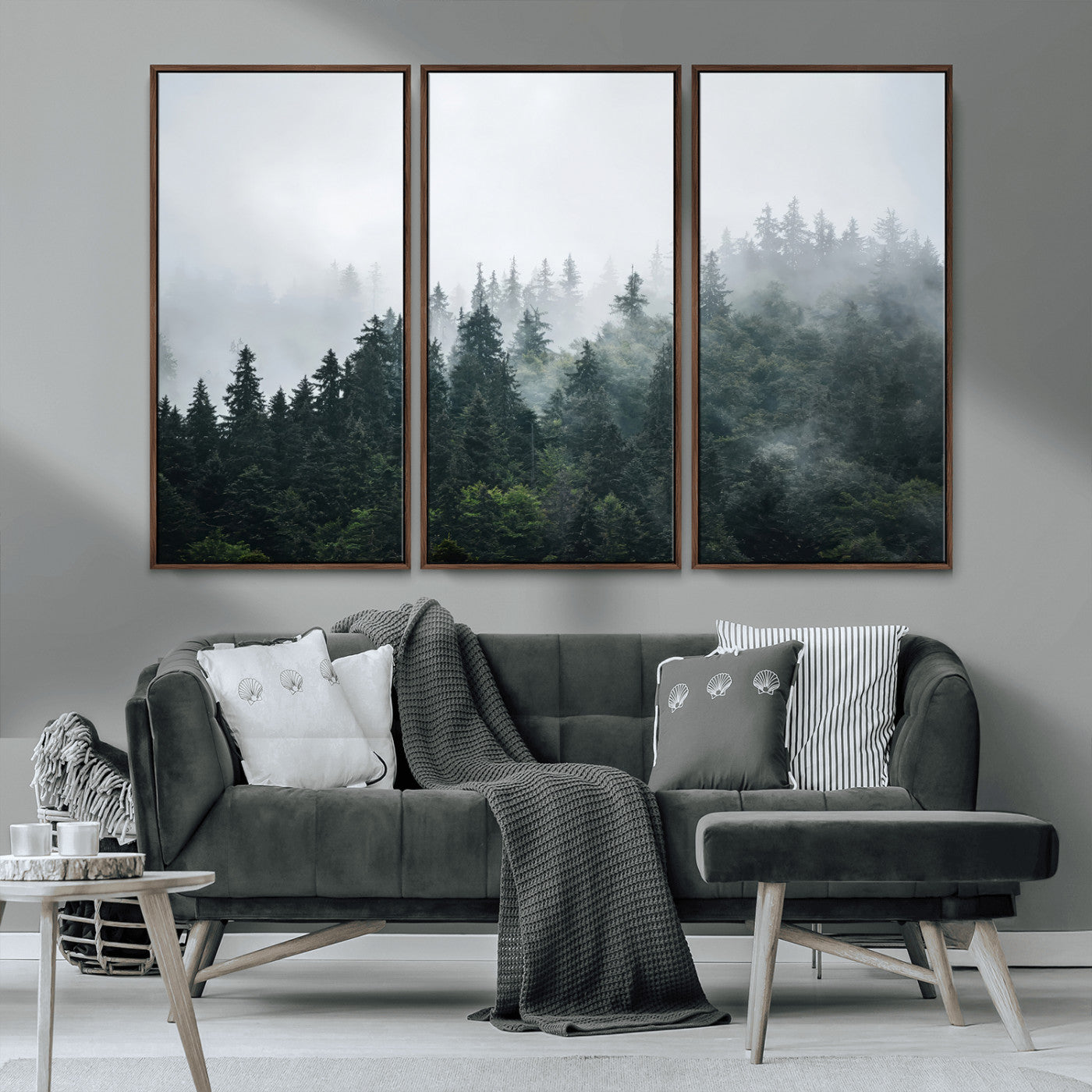 84146572-MGV-CV-36X24-Foggy Pine Trees Wall Art Canvas Print, Framed Forest Nature Art Picture Print, Evergreen Forest Perfect Scandinavian Minimalist