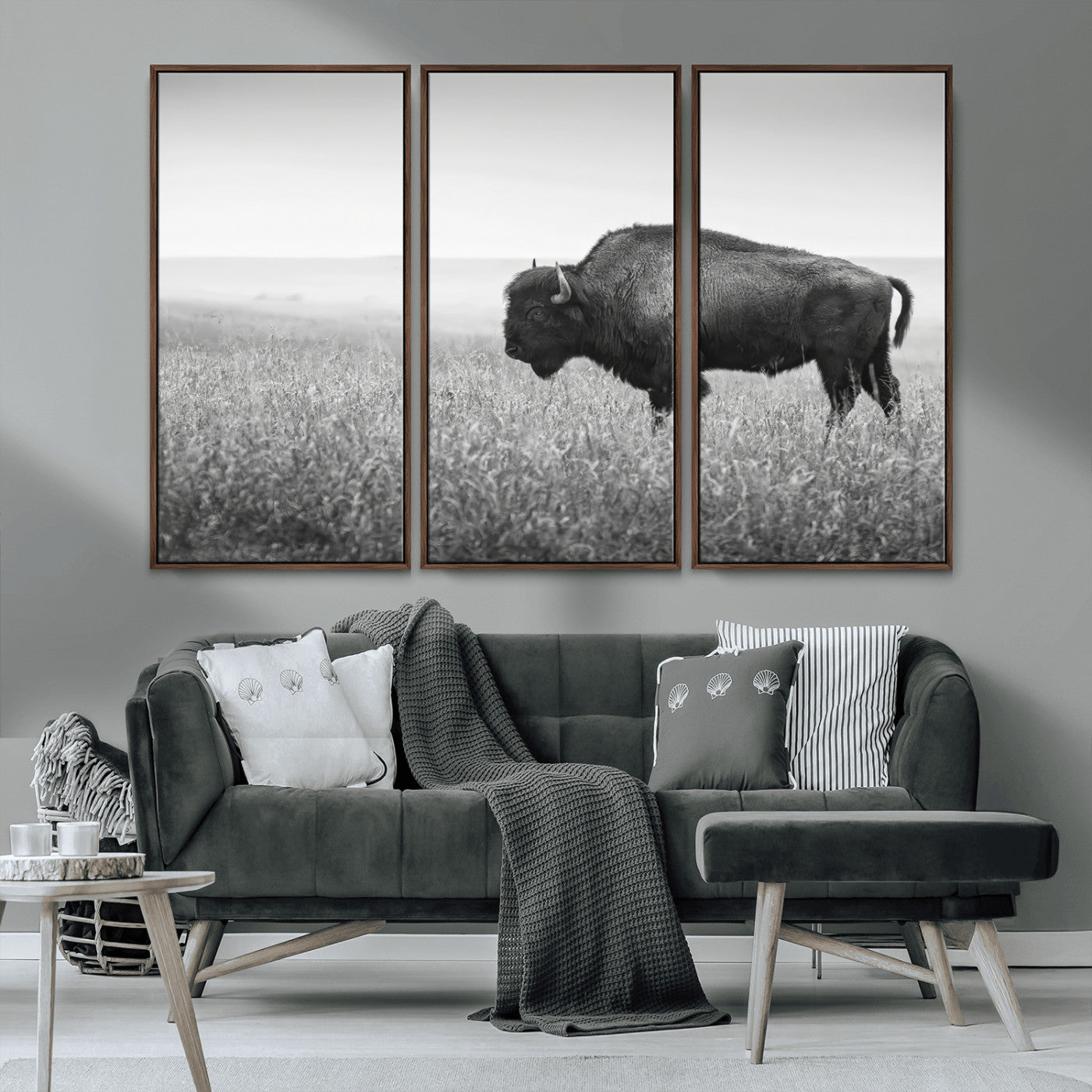 28435251-MGV-CV-36X24-Bison In Prairie Wall Art Canvas Print, Framed Rustic Wildlife Art Picture Print, Wild Buffalo Perfect Rustic Western Decor