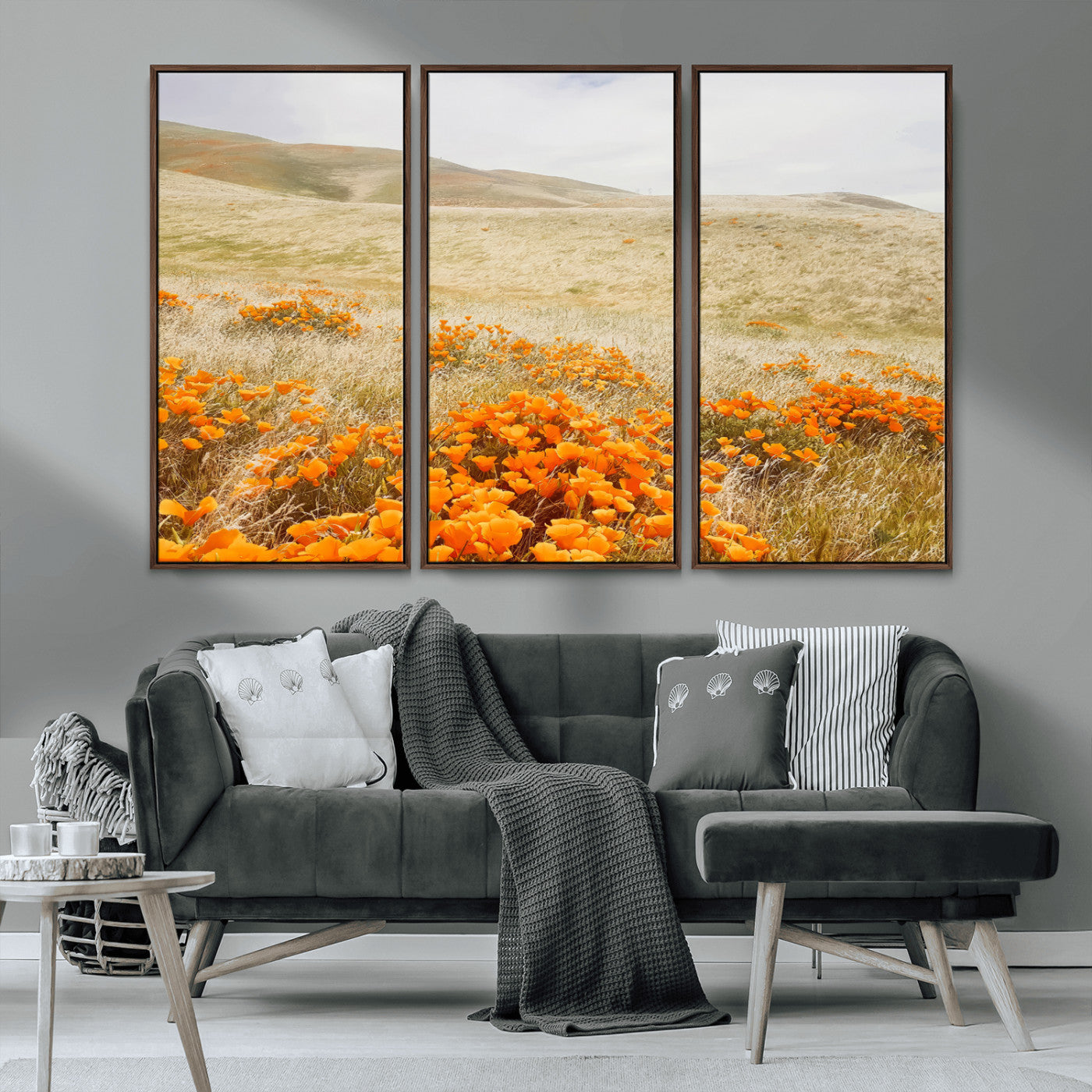 28972262-MGV-CV-36X24-Golden Wildflowers Wall Art Canvas Print, Framed Hills Bloom Art Picture Print, Poppy Meadow Perfect Rustic Nature Decor Artwork