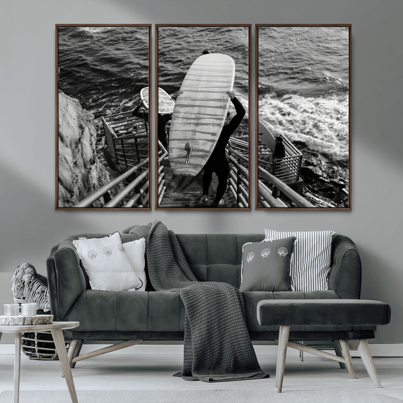 32353707-MGV-CV-36X24-Black White Surfing Wall Art Canvas Print, Framed Coastal Surfing Art Picture Print, Wave Riders Perfect Coastal Adventure Decor